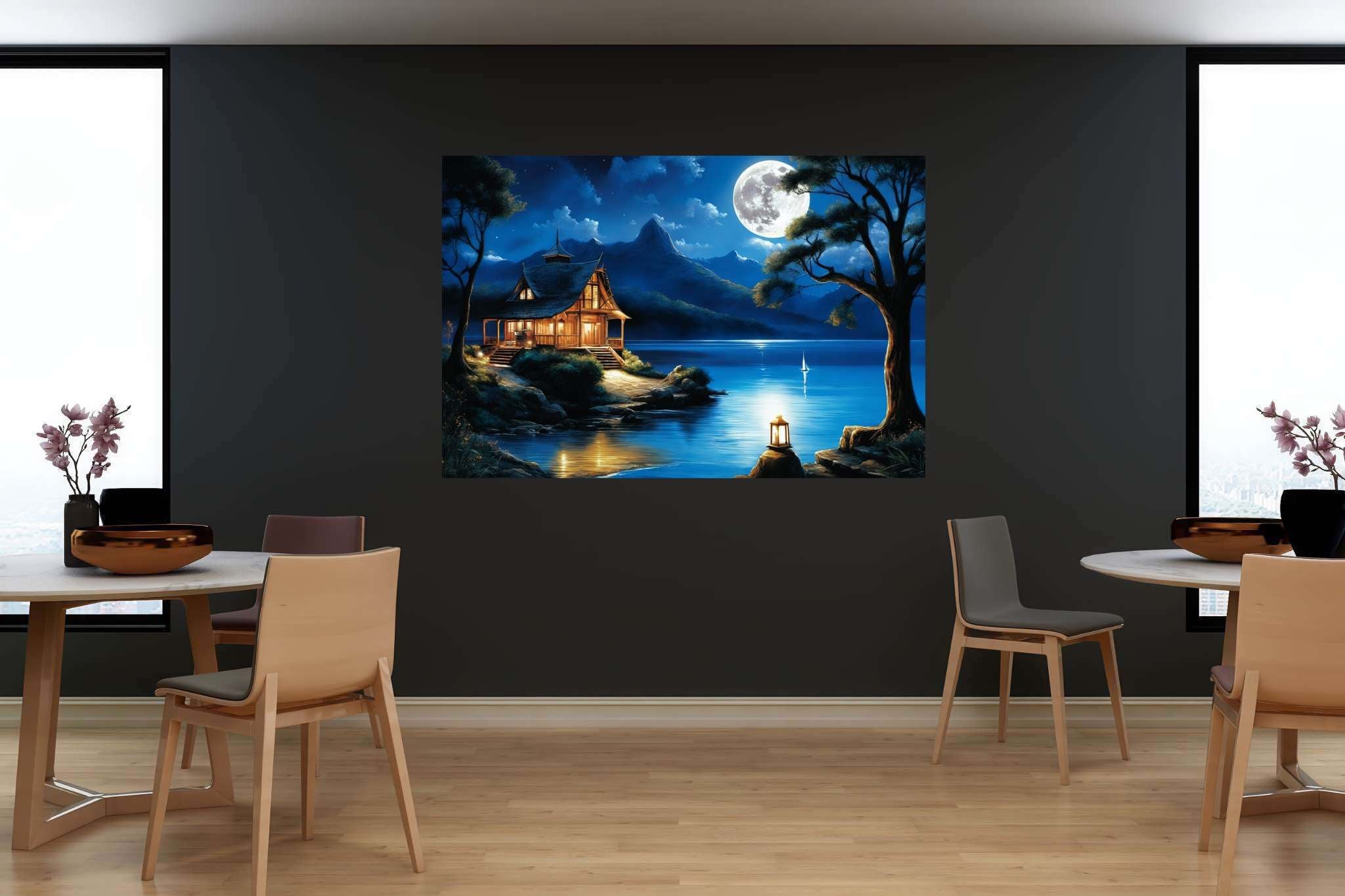 Moonlit serenity retreat: Lakeside art with landscape paintings, in a room with great design, digital art pieces, and home furnishings. The art can be printed on poster, framed poster, canvas, metal, acrylic or wood, exclusively at WallArtZen. Find this exact print at https://wallartzen.com/waz108