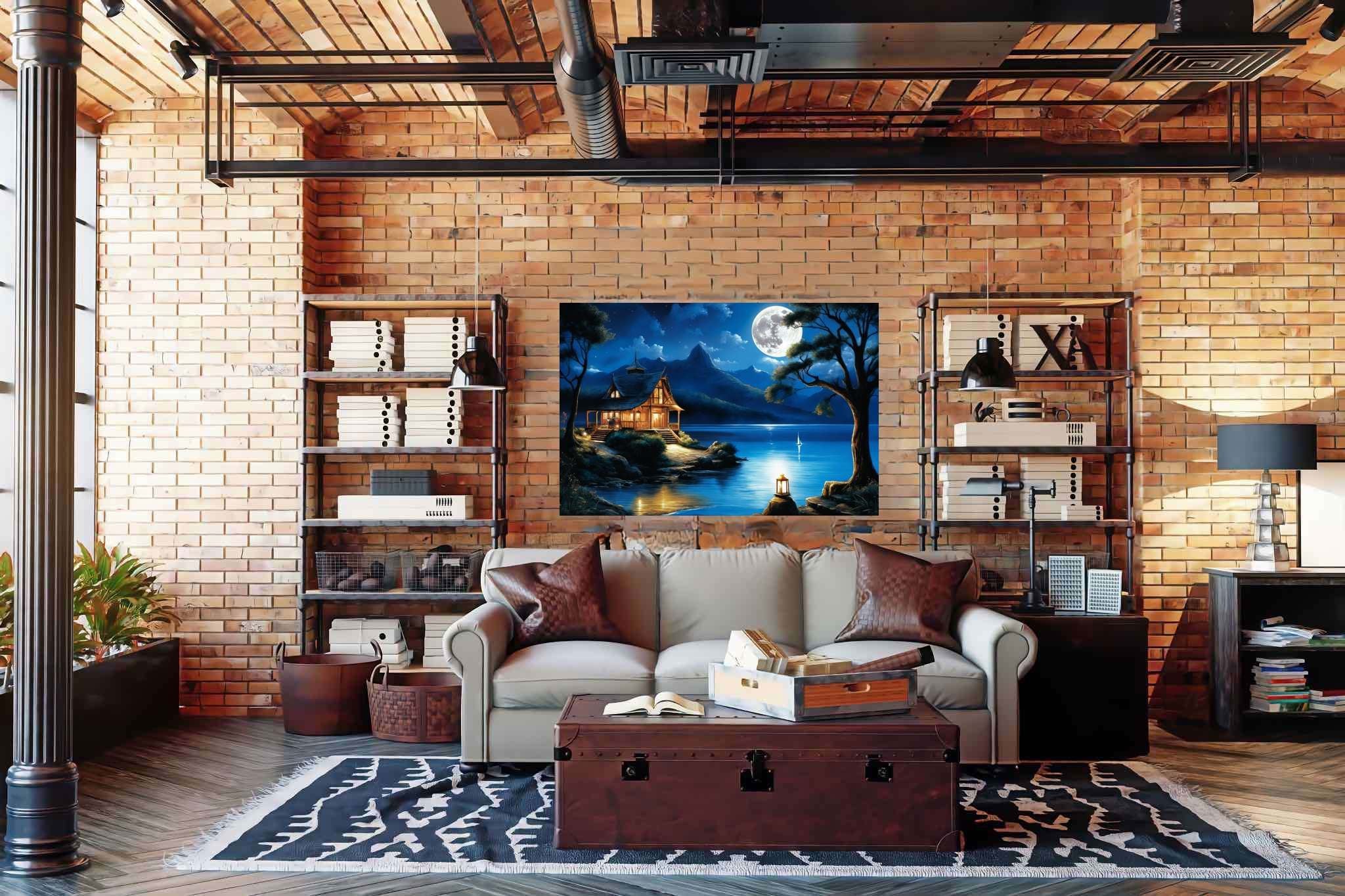 Moonlit serenity retreat: Lakeside art with lakeside artworks, in a room with modern style, abstract paintings, and elegant home goods. The art can be printed on poster, framed poster, canvas, metal, acrylic or wood, exclusively at WallArtZen. Find this exact print at https://wallartzen.com/waz108
