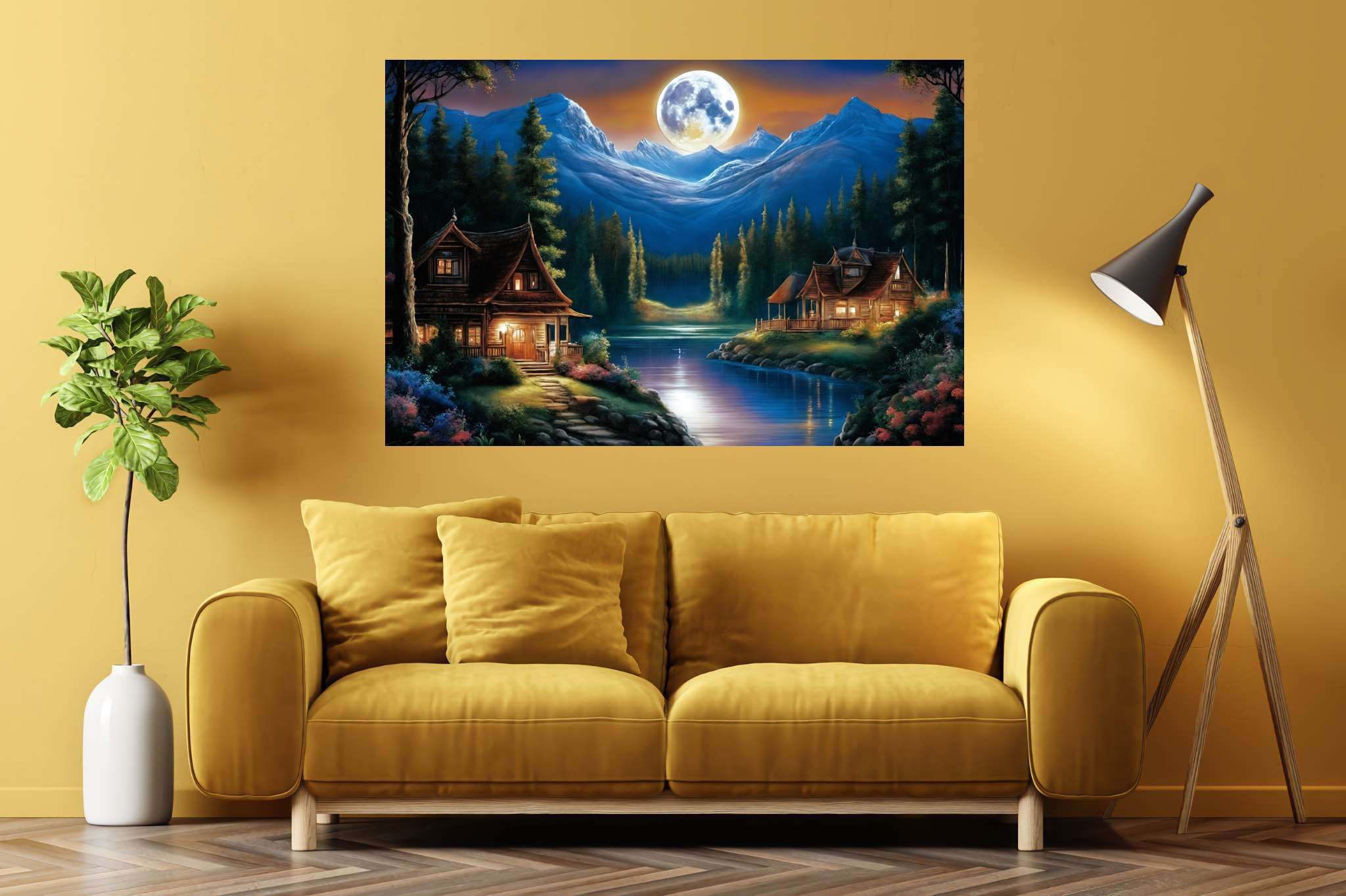 Lunar serenade by the lake: Serene nighttime art with serene moonlit seascapes, in a room with minimalist approach, abstract paintings, and elegant home goods. The art can be printed on poster, framed poster, canvas, metal, acrylic or wood, exclusively at WallArtZen. Find this exact print at https://wallartzen.com/waz109