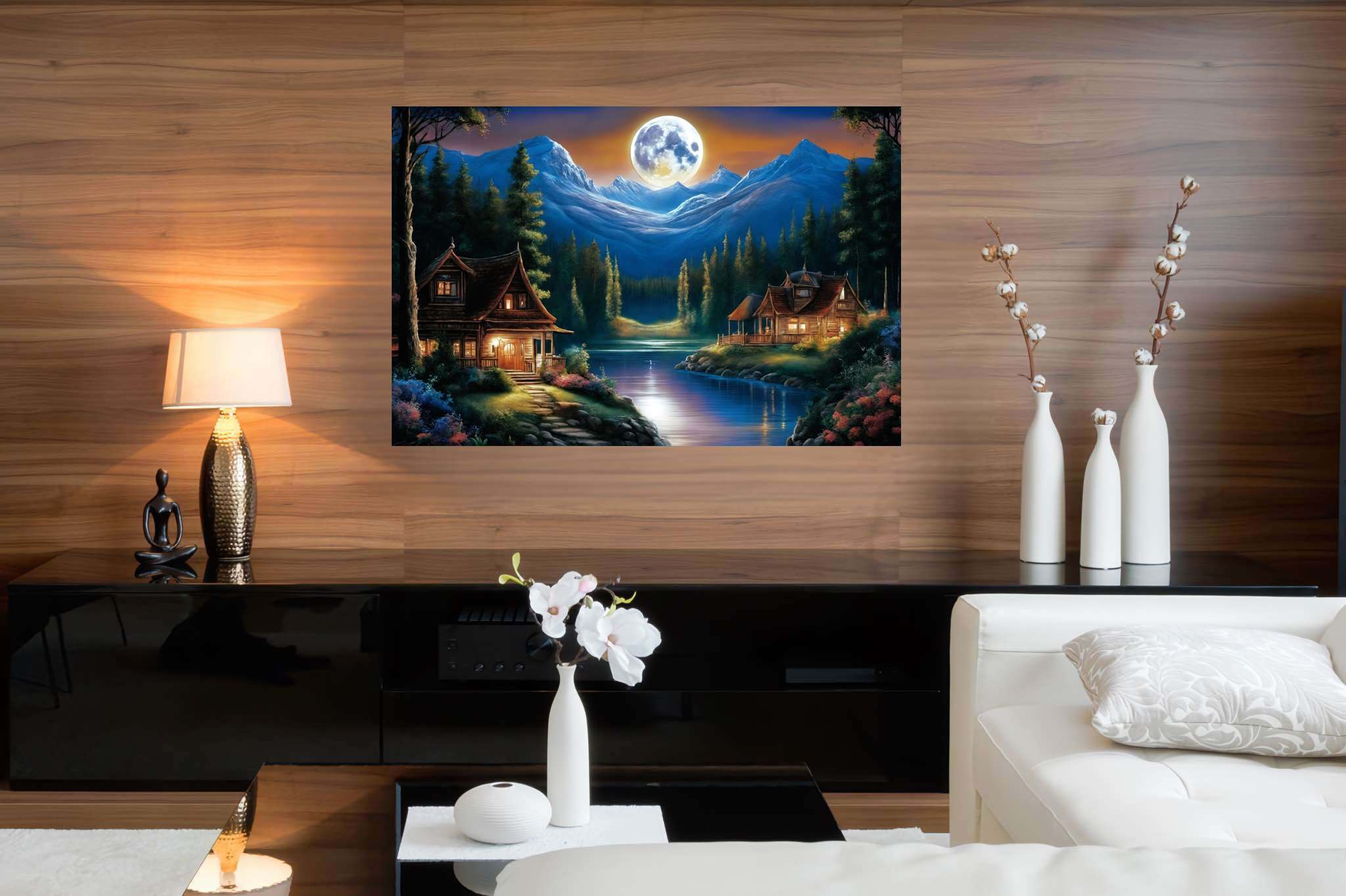 Lunar serenade by the lake: Serene nighttime art with tranquil nighttime city views, in a room with modern style, canvas prints, and trendy home accents. The art can be printed on poster, framed poster, canvas, metal, acrylic or wood, exclusively at WallArtZen. Find this exact print at https://wallartzen.com/waz109