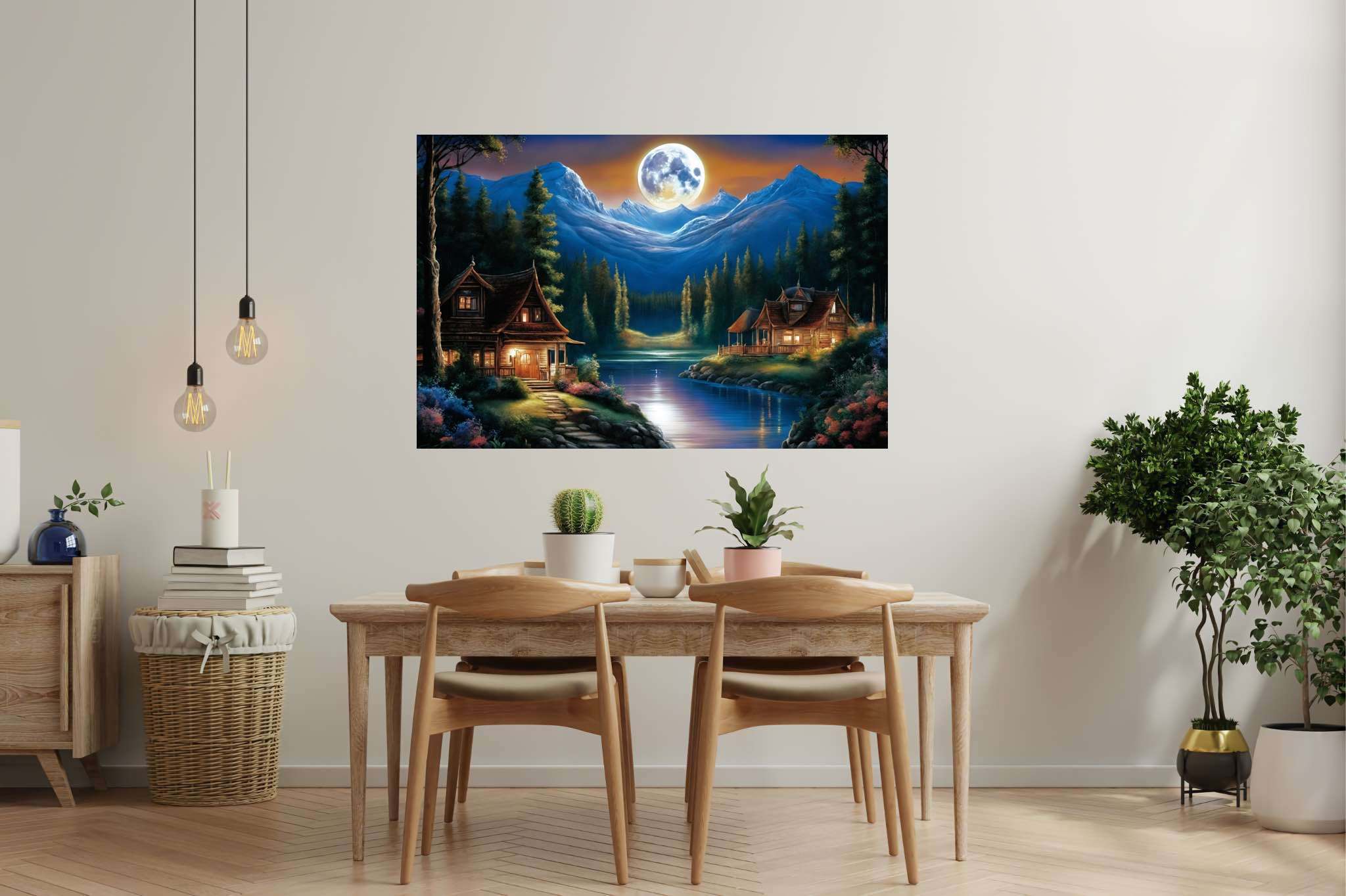 Lunar serenade by the lake: Serene nighttime art with serene nighttime art, in a room with minimalist approach, wall art, and artisan decor. The art can be printed on poster, framed poster, canvas, metal, acrylic or wood, exclusively at WallArtZen. Find this exact print at https://wallartzen.com/waz109