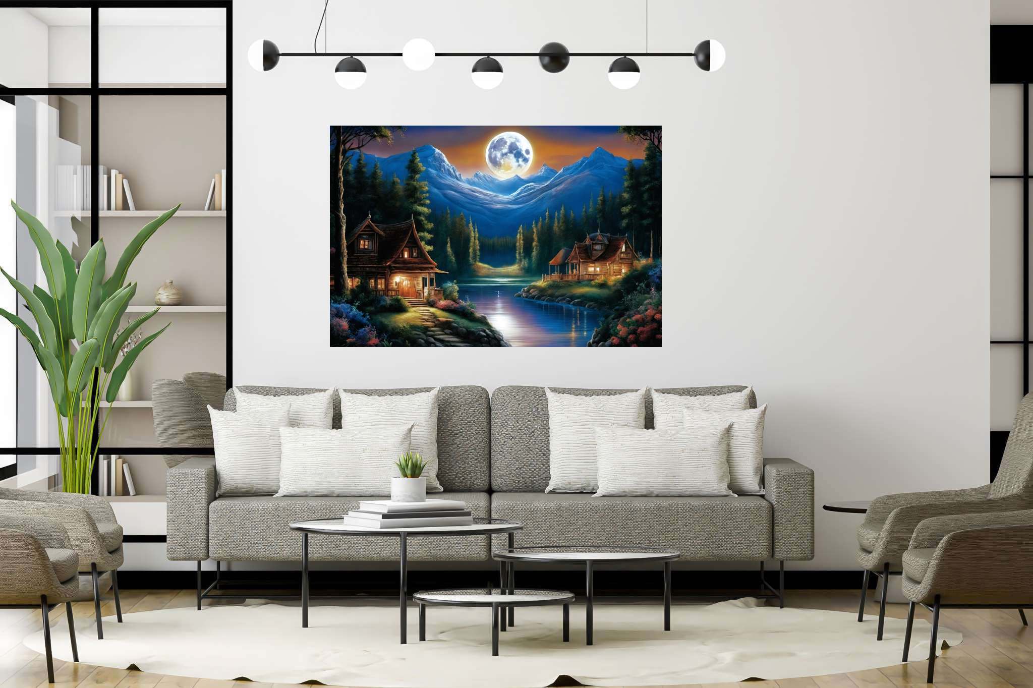 Lunar serenade by the lake: Serene nighttime art with serene starscapes, in a room with minimalist approach, fine art prints, and artisan decor. The art can be printed on poster, framed poster, canvas, metal, acrylic or wood, exclusively at WallArtZen. Find this exact print at https://wallartzen.com/waz109