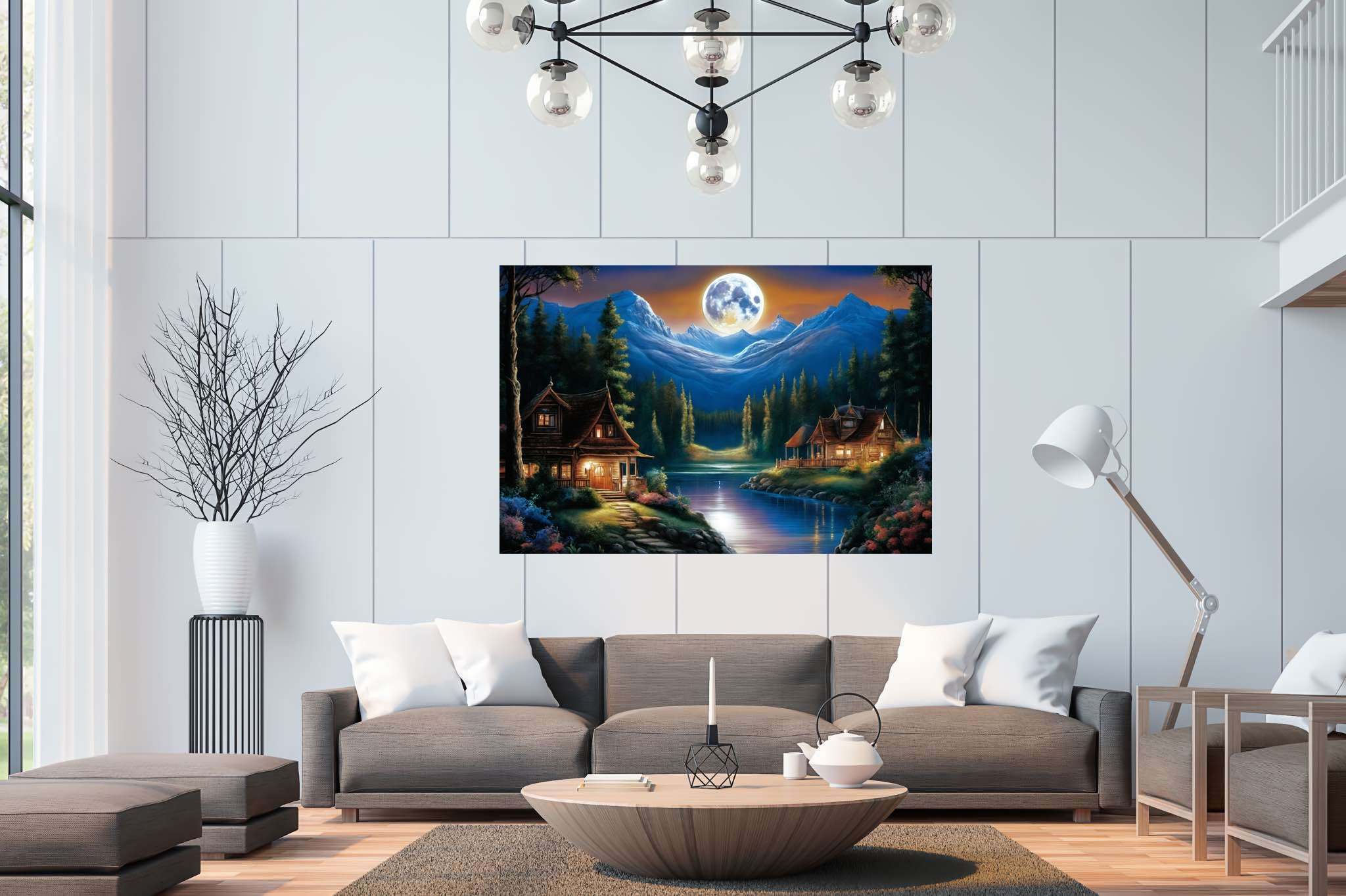 Lunar serenade by the lake: Serene nighttime art with tranquil night scenes, in a room with artistic style, wall hangings, and trendy home accents. The art can be printed on poster, framed poster, canvas, metal, acrylic or wood, exclusively at WallArtZen. Find this exact print at https://wallartzen.com/waz109