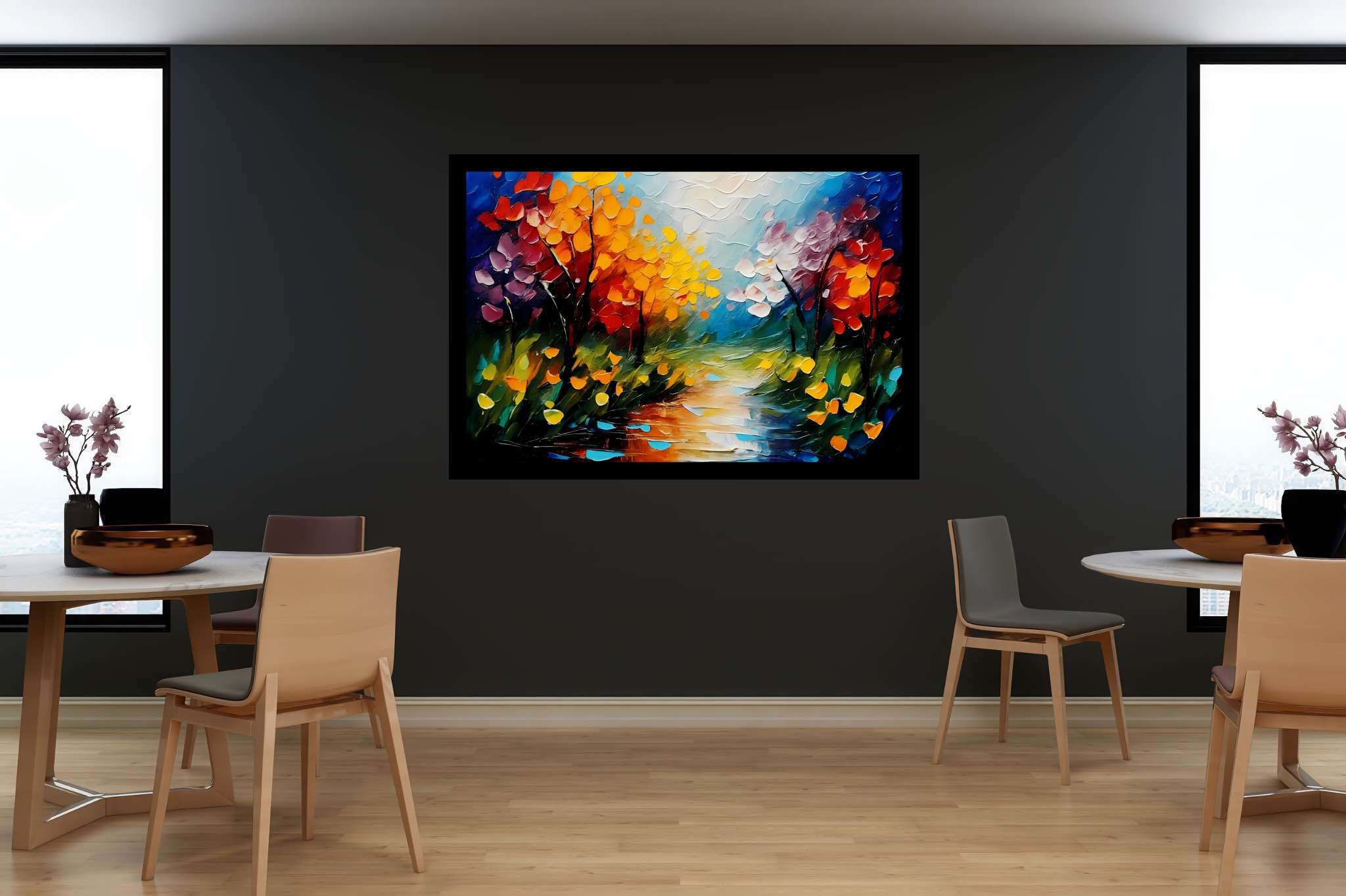 Amber riversong ballet: Autumn river art with nature-inspired paintings, in a room with contemporary flair, fine art prints, and designer furniture. The art can be printed on poster, framed poster, canvas, metal, acrylic or wood, exclusively at WallArtZen. Find this exact print at https://wallartzen.com/waz10