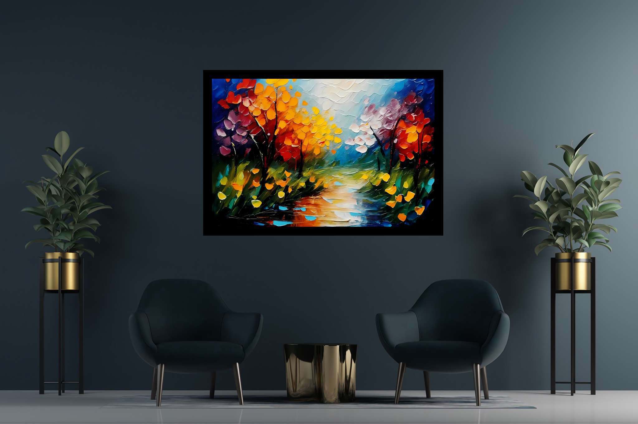 Amber riversong ballet: Autumn river art with tranquil river paintings, in a room with urban design, canvas prints, and designer furniture. The art can be printed on poster, framed poster, canvas, metal, acrylic or wood, exclusively at WallArtZen. Find this exact print at https://wallartzen.com/waz10
