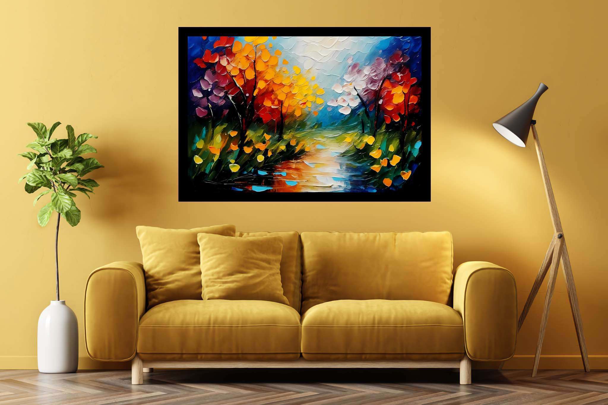 Amber riversong ballet: Autumn river art with fall themed artwork, in a room with artistic style, abstract paintings, and stylish accessories. The art can be printed on poster, framed poster, canvas, metal, acrylic or wood, exclusively at WallArtZen. Find this exact print at https://wallartzen.com/waz10