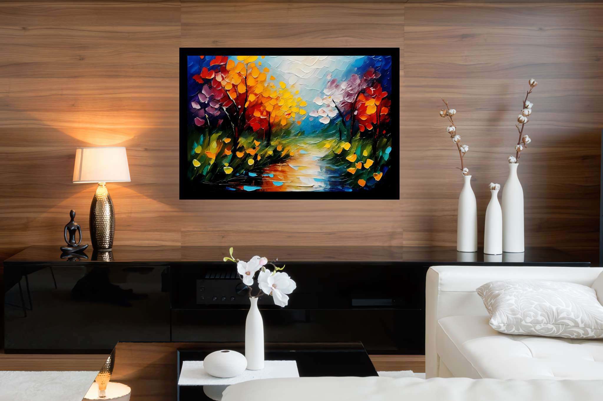 Amber riversong ballet: Autumn river art with nature-inspired art, in a room with contemporary flair, gallery-quality artwork, and elegant home goods. The art can be printed on poster, framed poster, canvas, metal, acrylic or wood, exclusively at WallArtZen. Find this exact print at https://wallartzen.com/waz10
