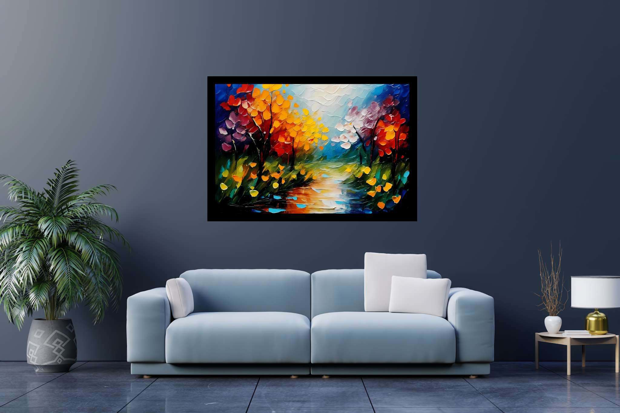 Amber riversong ballet: Autumn river art with nature-inspired paintings, in a room with contemporary flair, wall hangings, and home furnishings. The art can be printed on poster, framed poster, canvas, metal, acrylic or wood, exclusively at WallArtZen. Find this exact print at https://wallartzen.com/waz10