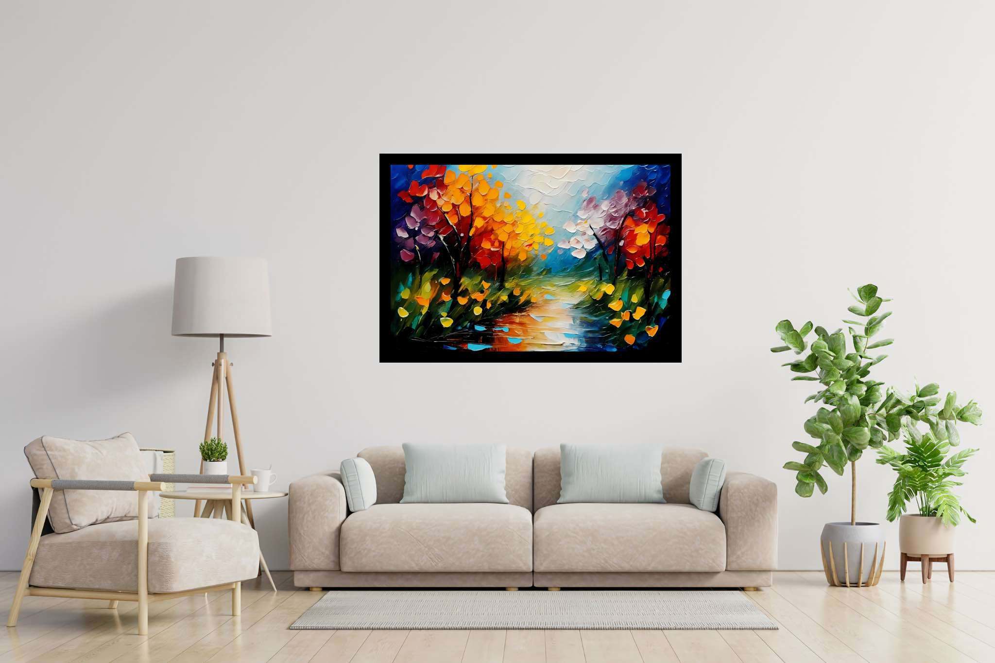 Amber riversong ballet: Autumn river art with colorful autumn scenes, in a room with artistic style, abstract paintings, and artisan decor. The art can be printed on poster, framed poster, canvas, metal, acrylic or wood, exclusively at WallArtZen. Find this exact print at https://wallartzen.com/waz10