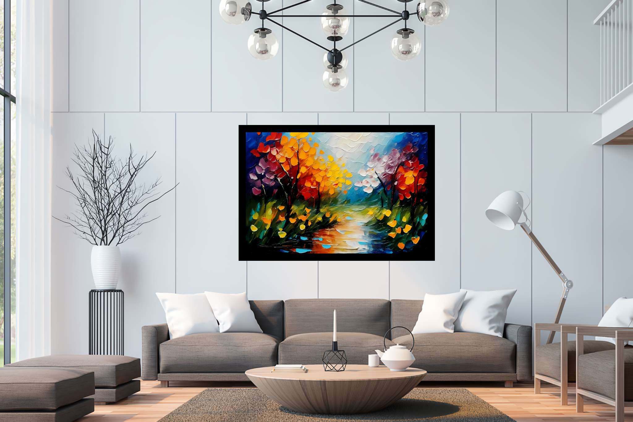 Amber riversong ballet: Autumn river art with tranquil river paintings, in a room with innovative layout, framed art, and interior decorations. The art can be printed on poster, framed poster, canvas, metal, acrylic or wood, exclusively at WallArtZen. Find this exact print at https://wallartzen.com/waz10