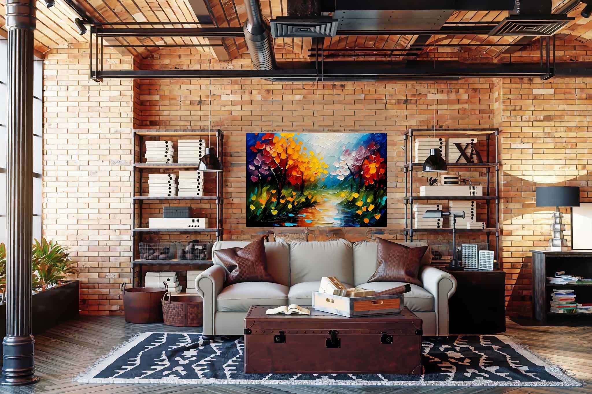 Amber riversong ballet: Autumn river art with fall themed artwork, in a room with urban design, abstract paintings, and home styling items. The art can be printed on poster, framed poster, canvas, metal, acrylic or wood, exclusively at WallArtZen. Find this exact print at https://wallartzen.com/waz10