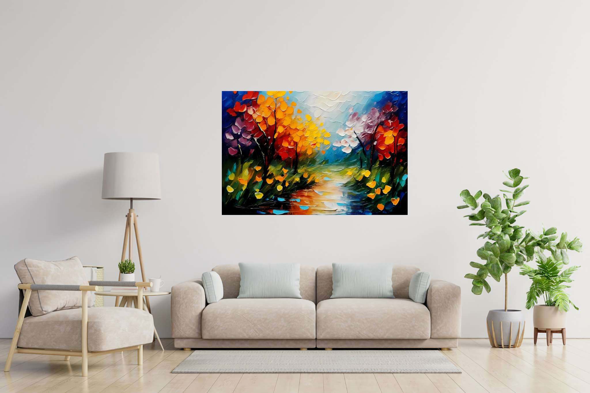 Amber riversong ballet: Autumn river art with autumn river art, in a room with chic decor, fine art prints, and home styling items. The art can be printed on poster, framed poster, canvas, metal, acrylic or wood, exclusively at WallArtZen. Find this exact print at https://wallartzen.com/waz10