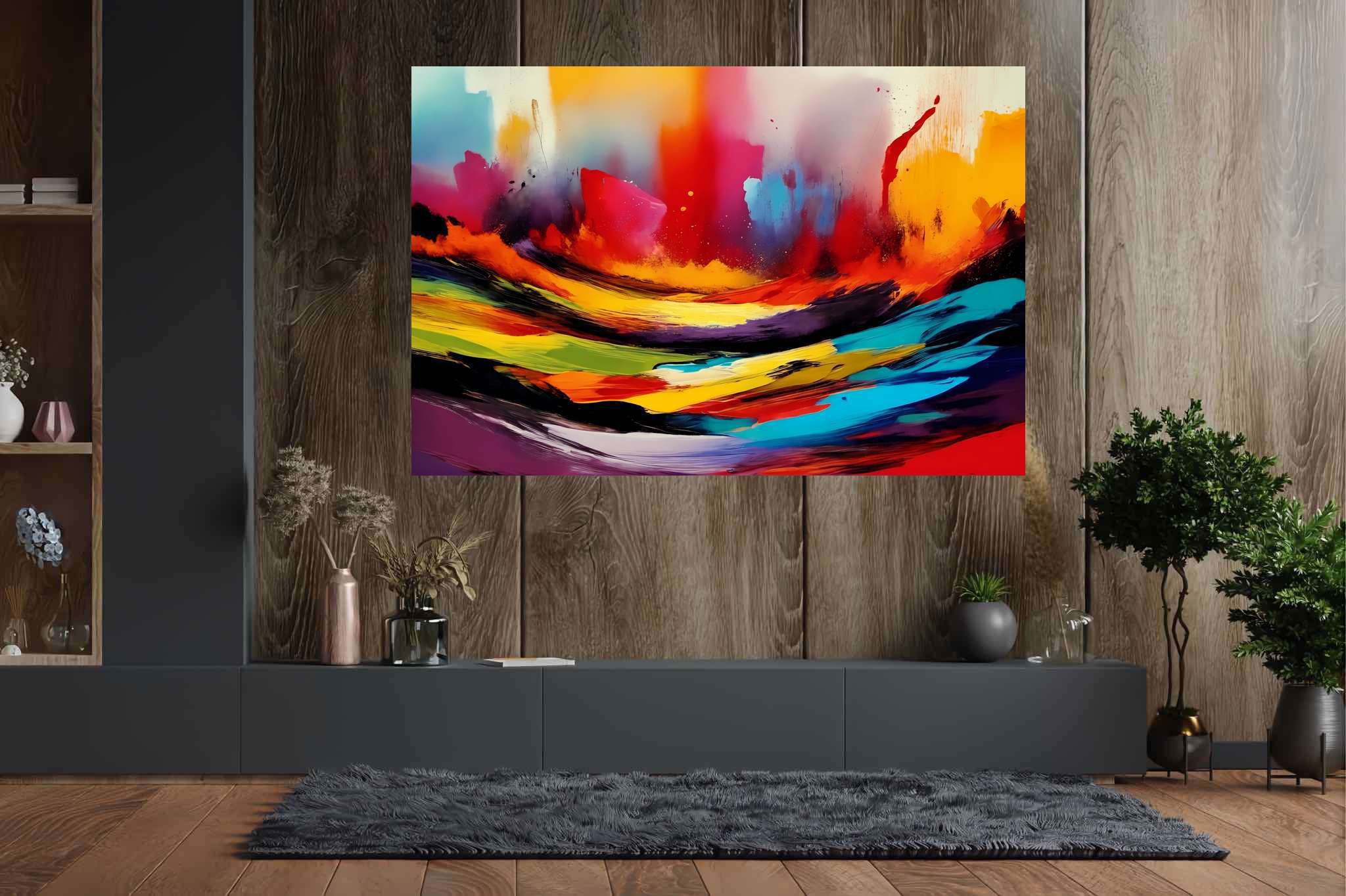 Chromatic rhapsody: Dynamic art with animated visuals, in a room with classic elegance, bespoke art designs, and trendy home accents. The art can be printed on poster, framed poster, canvas, metal, acrylic or wood, exclusively at WallArtZen. Find this exact print at https://wallartzen.com/waz110