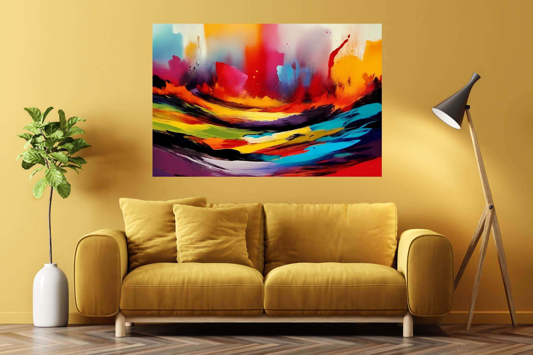 Chromatic rhapsody: Dynamic art with vibrant visual experiences, in a room with minimalist approach, bespoke art designs, and elegant home goods. The art can be printed on poster, framed poster, canvas, metal, acrylic or wood, exclusively at WallArtZen. Find this exact print at https://wallartzen.com/waz110