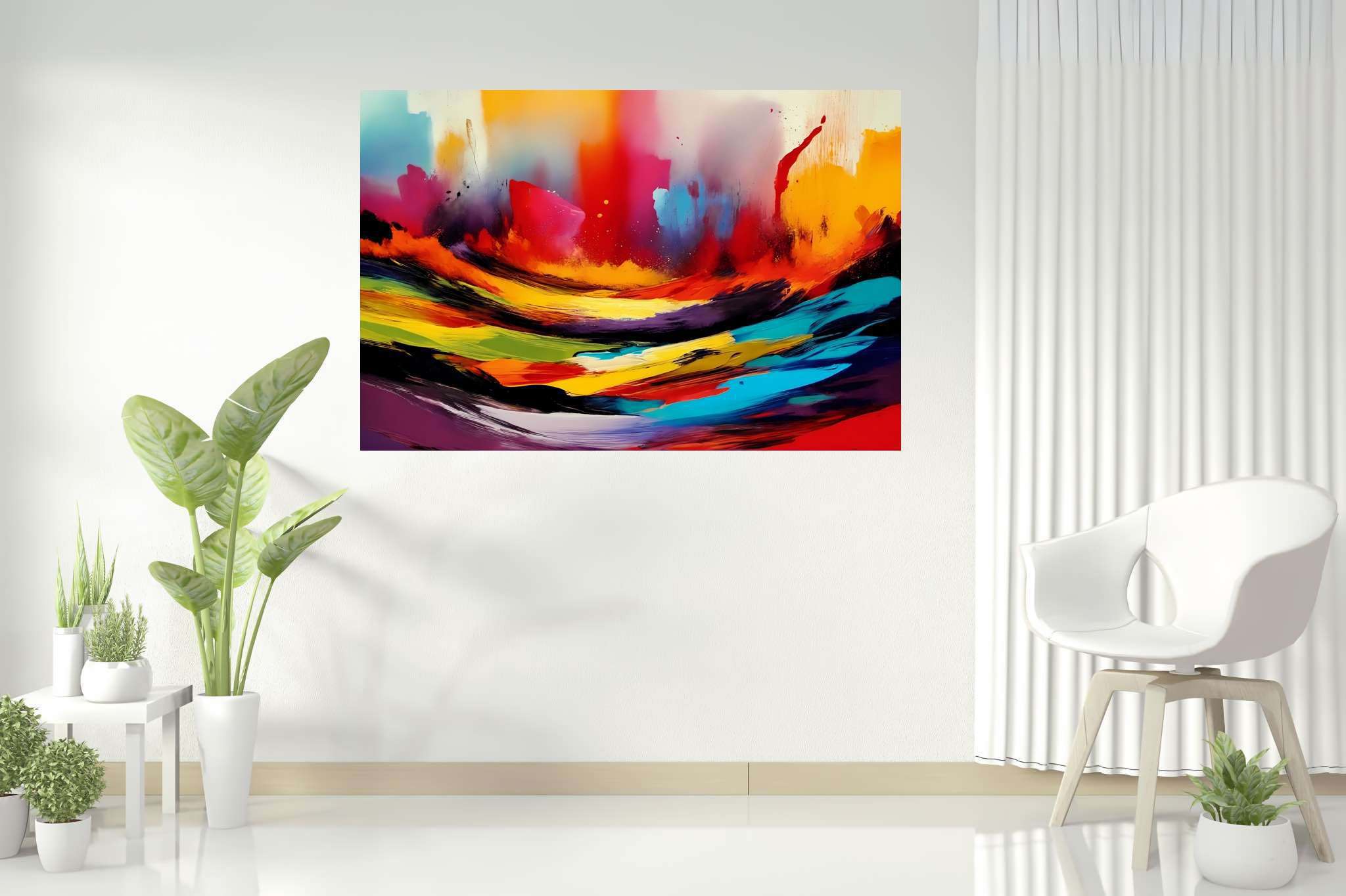 Chromatic rhapsody: Dynamic art with motion-filled masterpieces, in a room with chic decor, fine art prints, and decorative pieces. The art can be printed on poster, framed poster, canvas, metal, acrylic or wood, exclusively at WallArtZen. Find this exact print at https://wallartzen.com/waz110