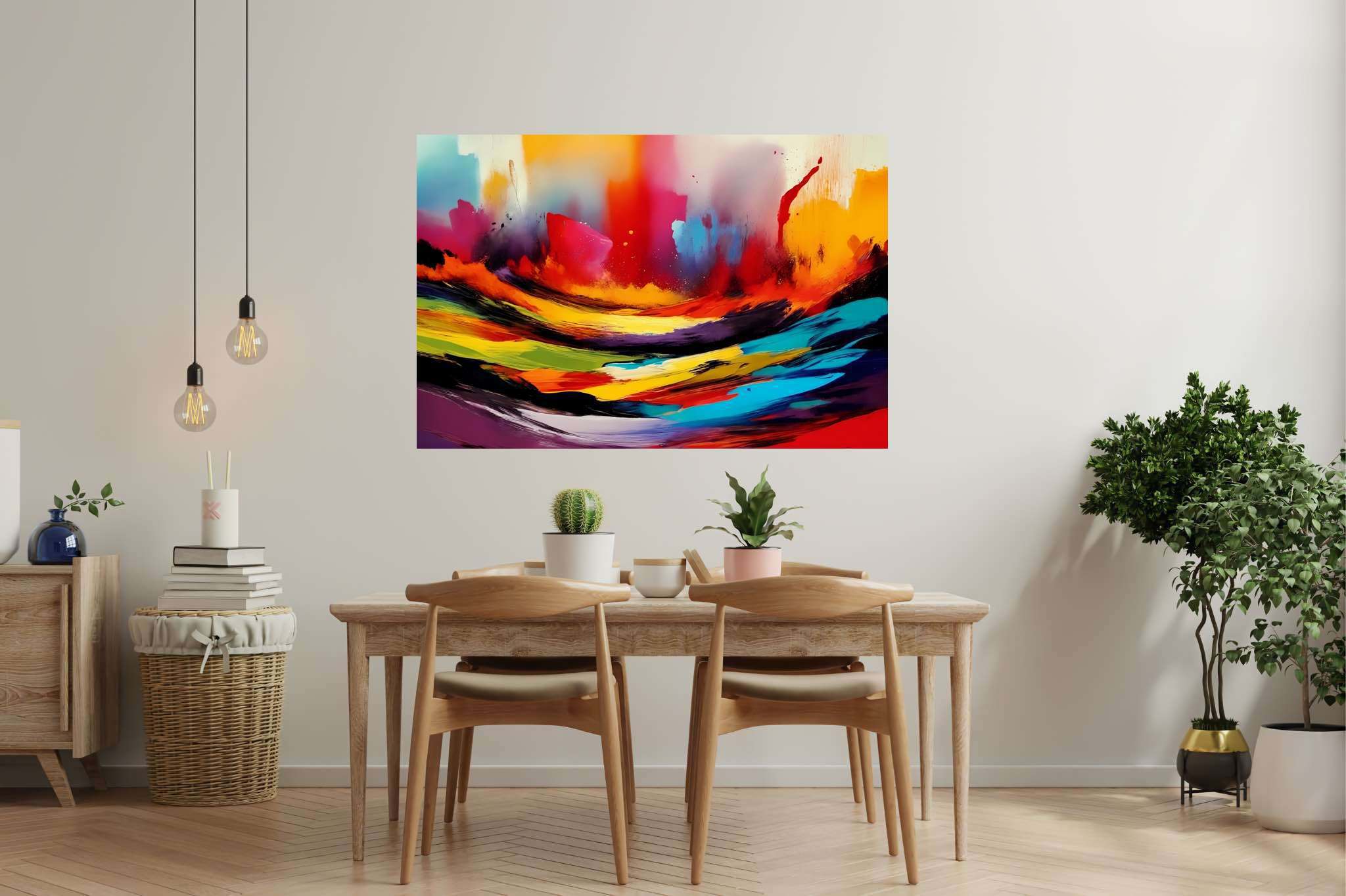 Chromatic rhapsody: Dynamic art with vibrant visual experiences, in a room with elegant layout, digital art pieces, and luxe decor. The art can be printed on poster, framed poster, canvas, metal, acrylic or wood, exclusively at WallArtZen. Find this exact print at https://wallartzen.com/waz110