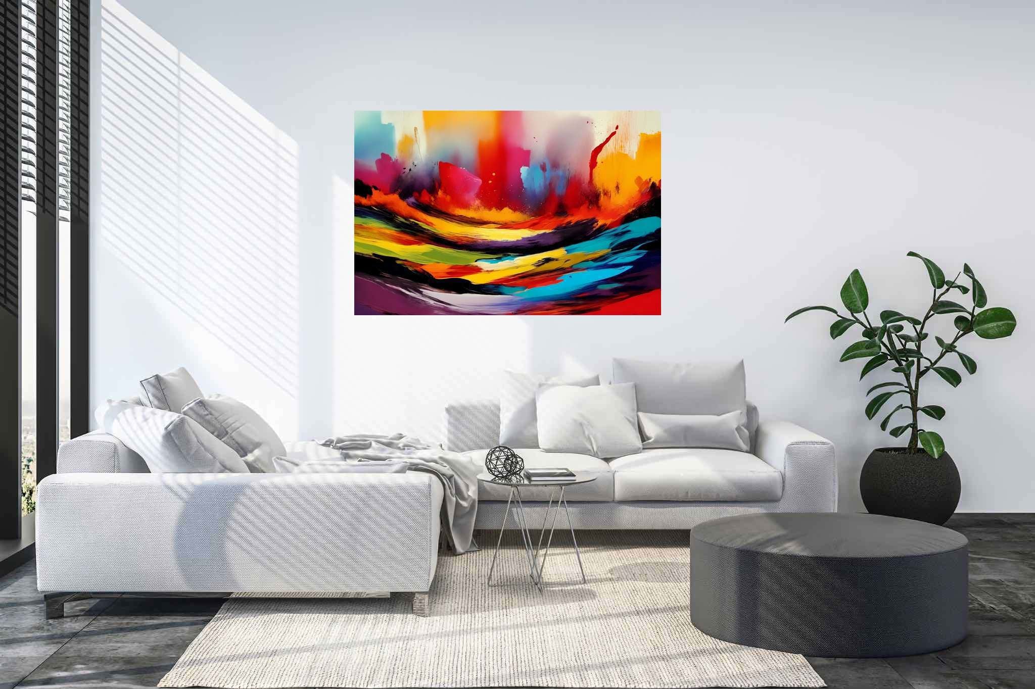 Chromatic rhapsody: Dynamic art with active artistic interpretations, in a room with classic elegance, wall art, and elegant home goods. The art can be printed on poster, framed poster, canvas, metal, acrylic or wood, exclusively at WallArtZen. Find this exact print at https://wallartzen.com/waz110