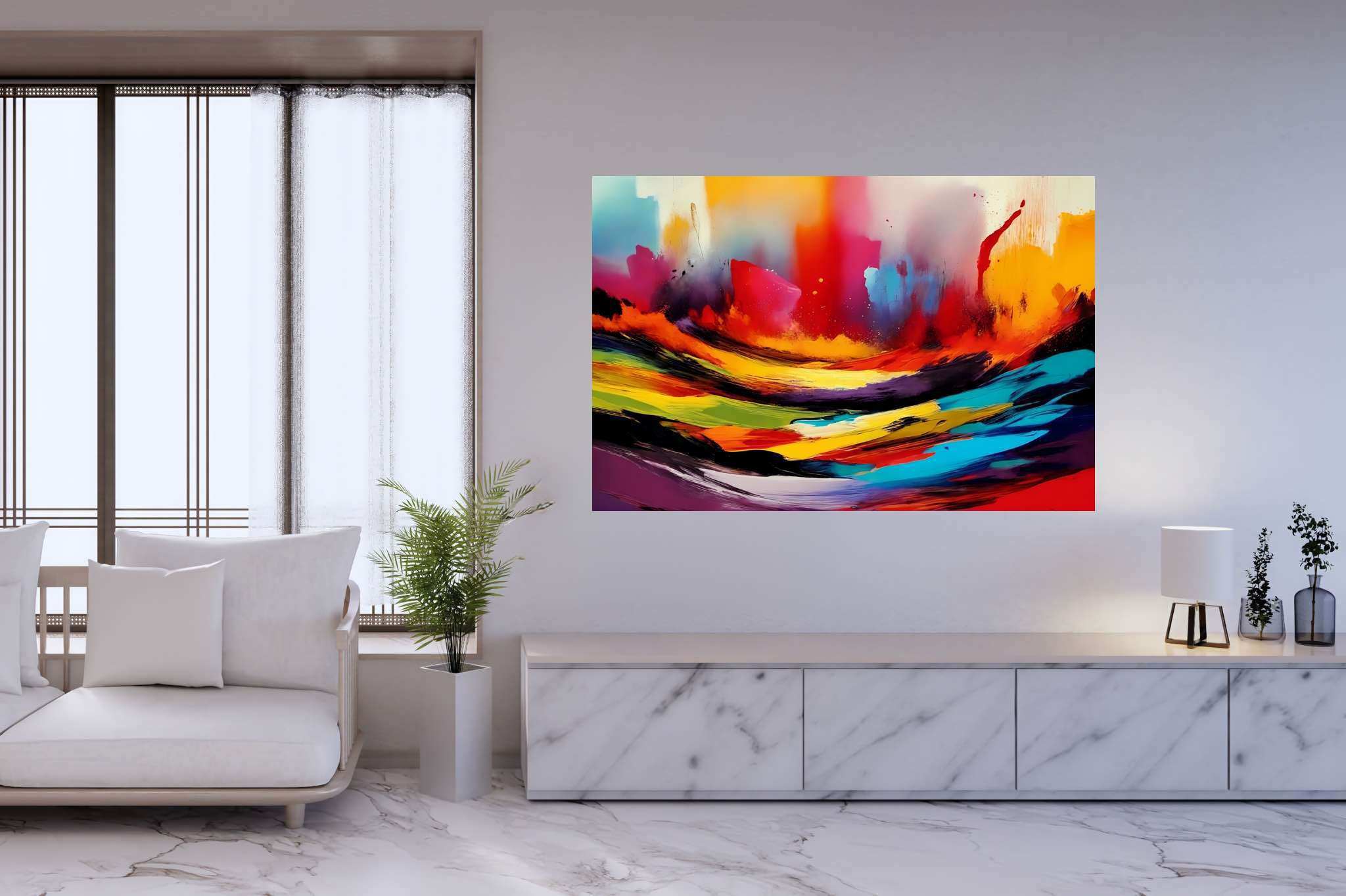 Chromatic rhapsody: Dynamic art with vibrant visual experiences, in a room with artistic style, fine art prints, and home furnishings. The art can be printed on poster, framed poster, canvas, metal, acrylic or wood, exclusively at WallArtZen. Find this exact print at https://wallartzen.com/waz110