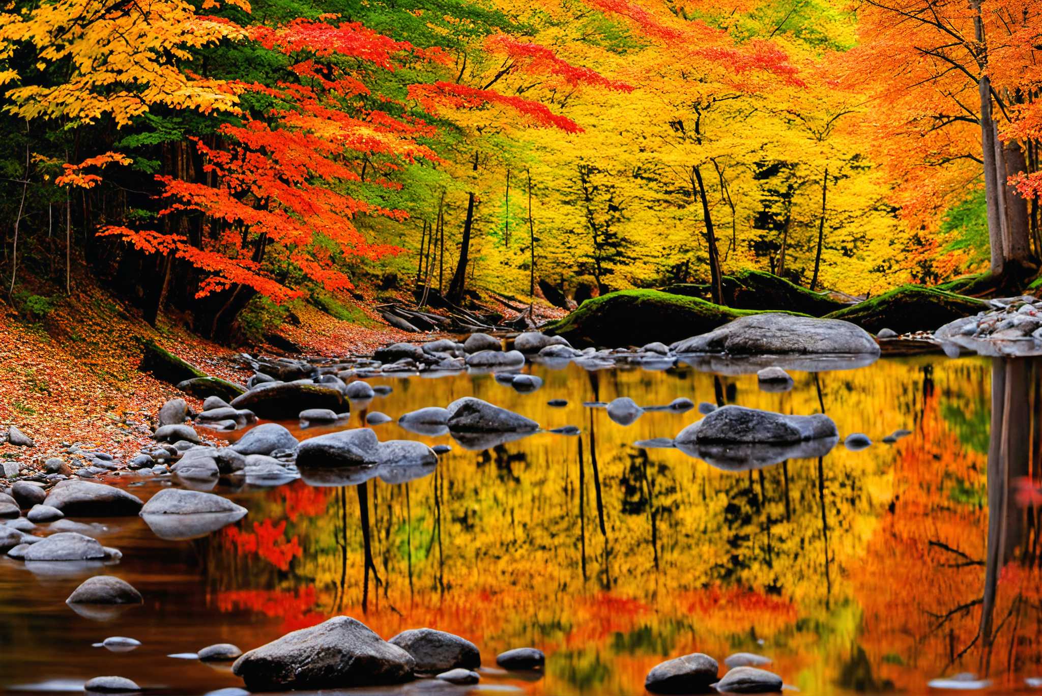 Autumn's hushed symphony: Autumn forest art with nature art, in a room with contemporary flair, wall art, and artisan decor. The art can be printed on poster, framed poster, canvas, metal, acrylic or wood, exclusively at WallArtZen. Find this exact print at https://wallartzen.com/waz111