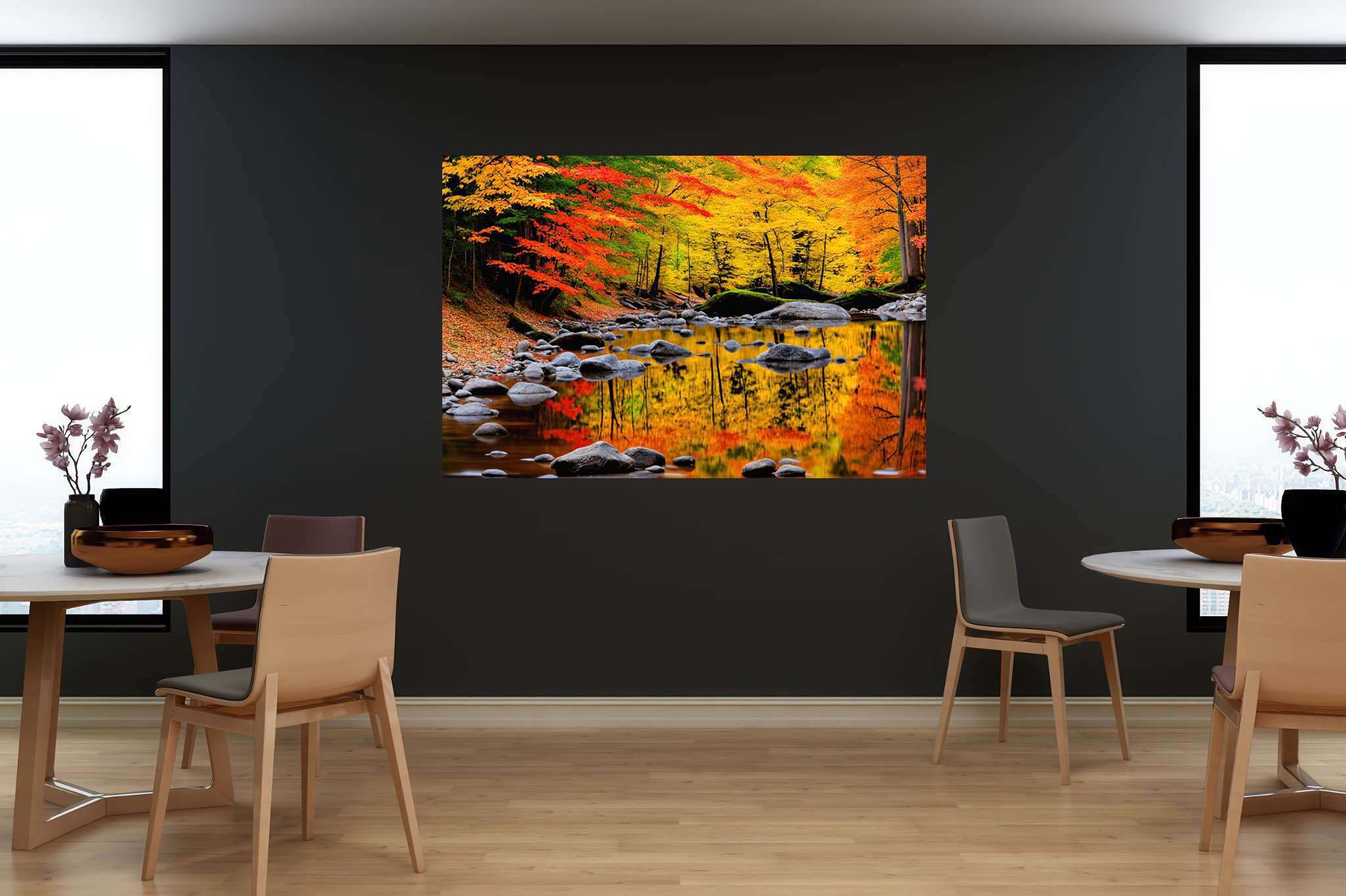 Autumn's hushed symphony: Autumn forest art with woodland scenery, in a room with artistic style, digital art pieces, and elegant home goods. The art can be printed on poster, framed poster, canvas, metal, acrylic or wood, exclusively at WallArtZen. Find this exact print at https://wallartzen.com/waz111