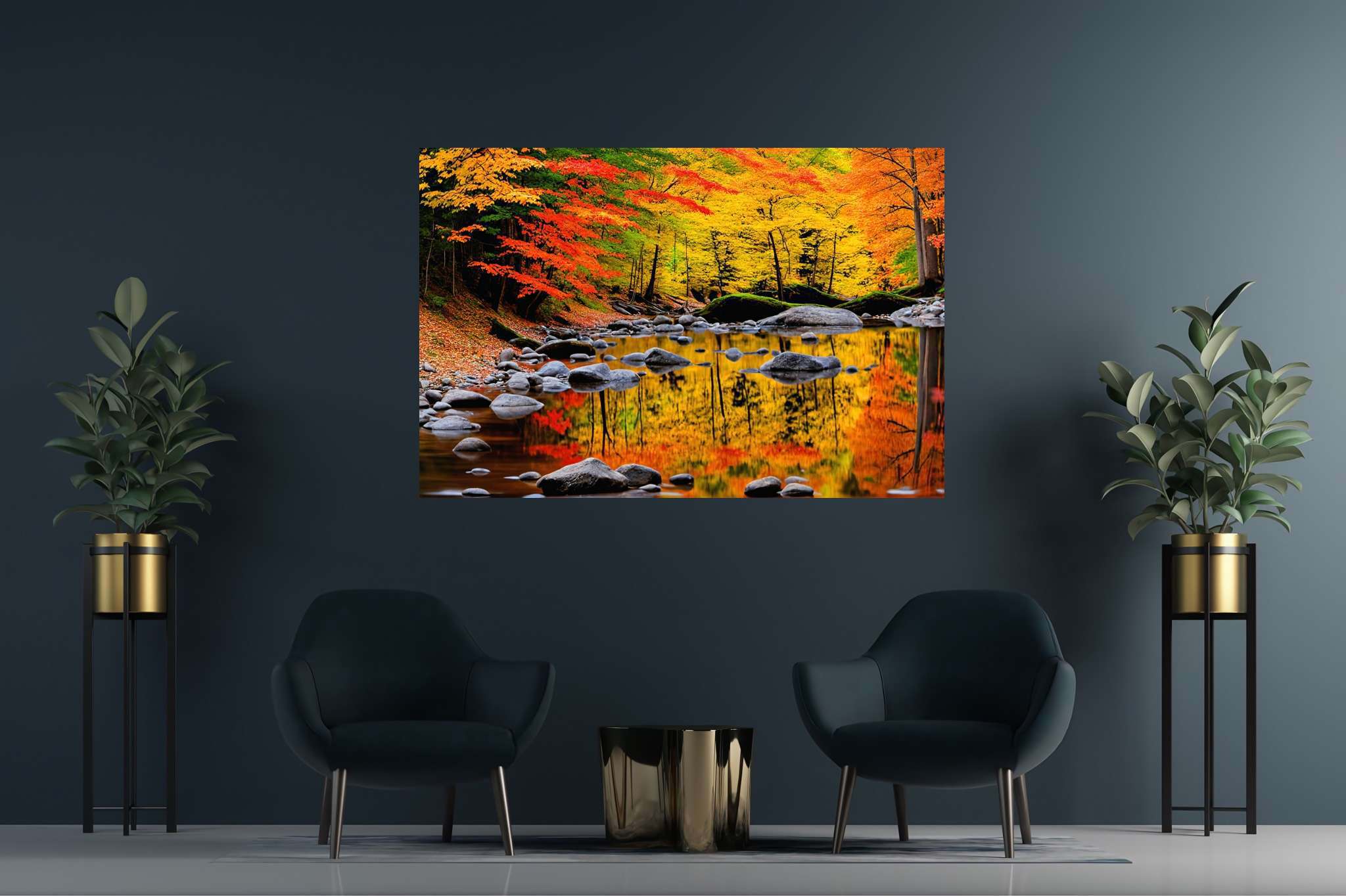 Autumn's hushed symphony: Autumn forest art with autumn vibes, in a room with great design, photographic wall art, and elegant home goods. The art can be printed on poster, framed poster, canvas, metal, acrylic or wood, exclusively at WallArtZen. Find this exact print at https://wallartzen.com/waz111