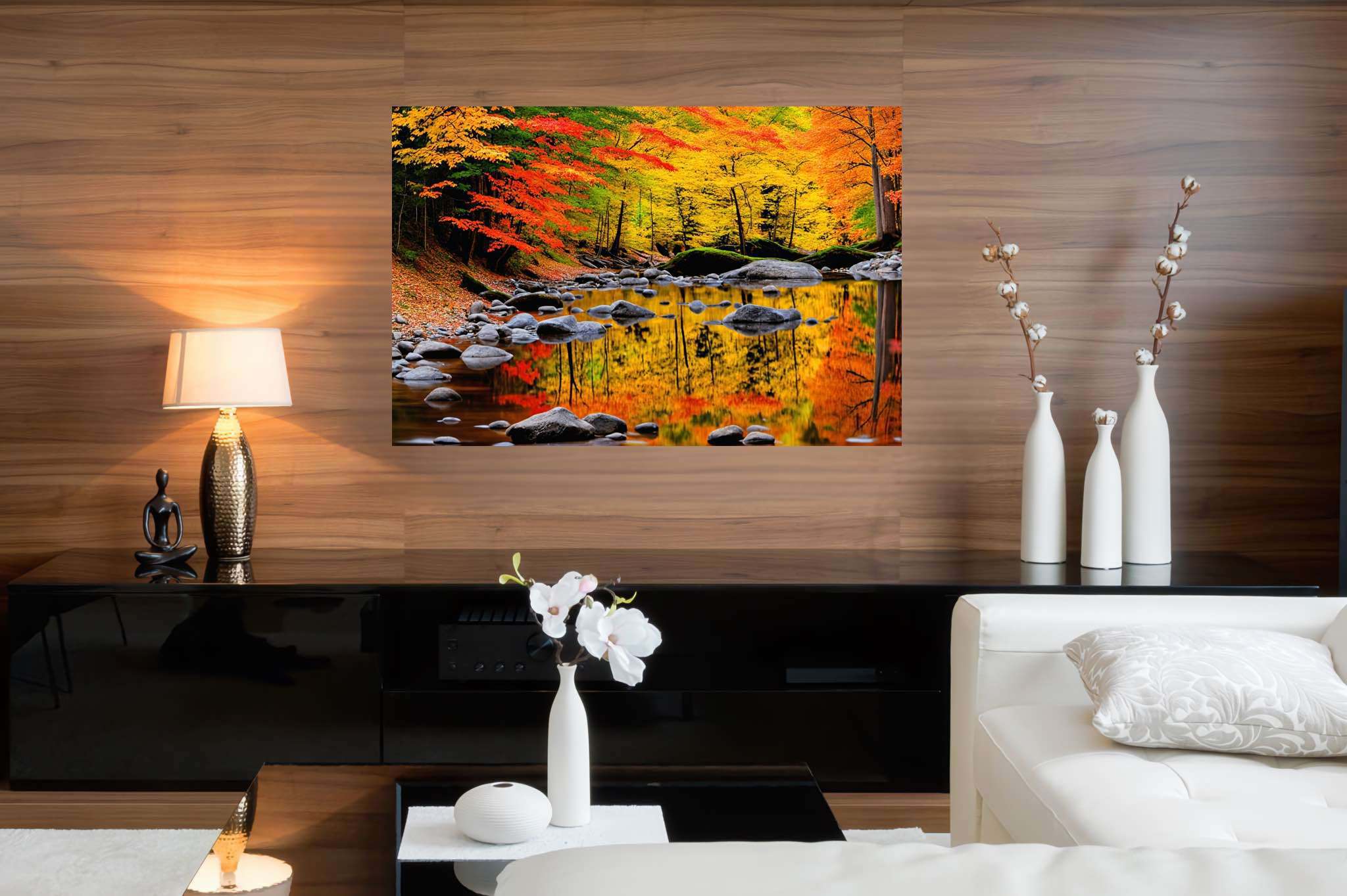 Autumn's hushed symphony: Autumn forest art with nature art, in a room with chic decor, mural artworks, and designer furniture. The art can be printed on poster, framed poster, canvas, metal, acrylic or wood, exclusively at WallArtZen. Find this exact print at https://wallartzen.com/waz111