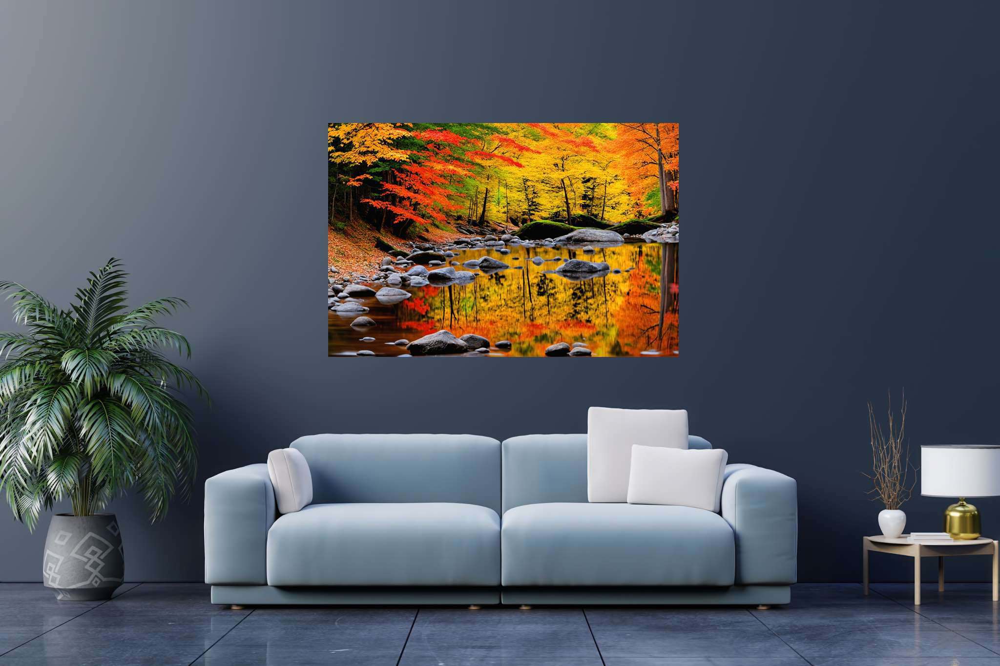 Autumn's hushed symphony: Autumn forest art with autumn vibes, in a room with minimalist approach, mural artworks, and artisan decor. The art can be printed on poster, framed poster, canvas, metal, acrylic or wood, exclusively at WallArtZen. Find this exact print at https://wallartzen.com/waz111