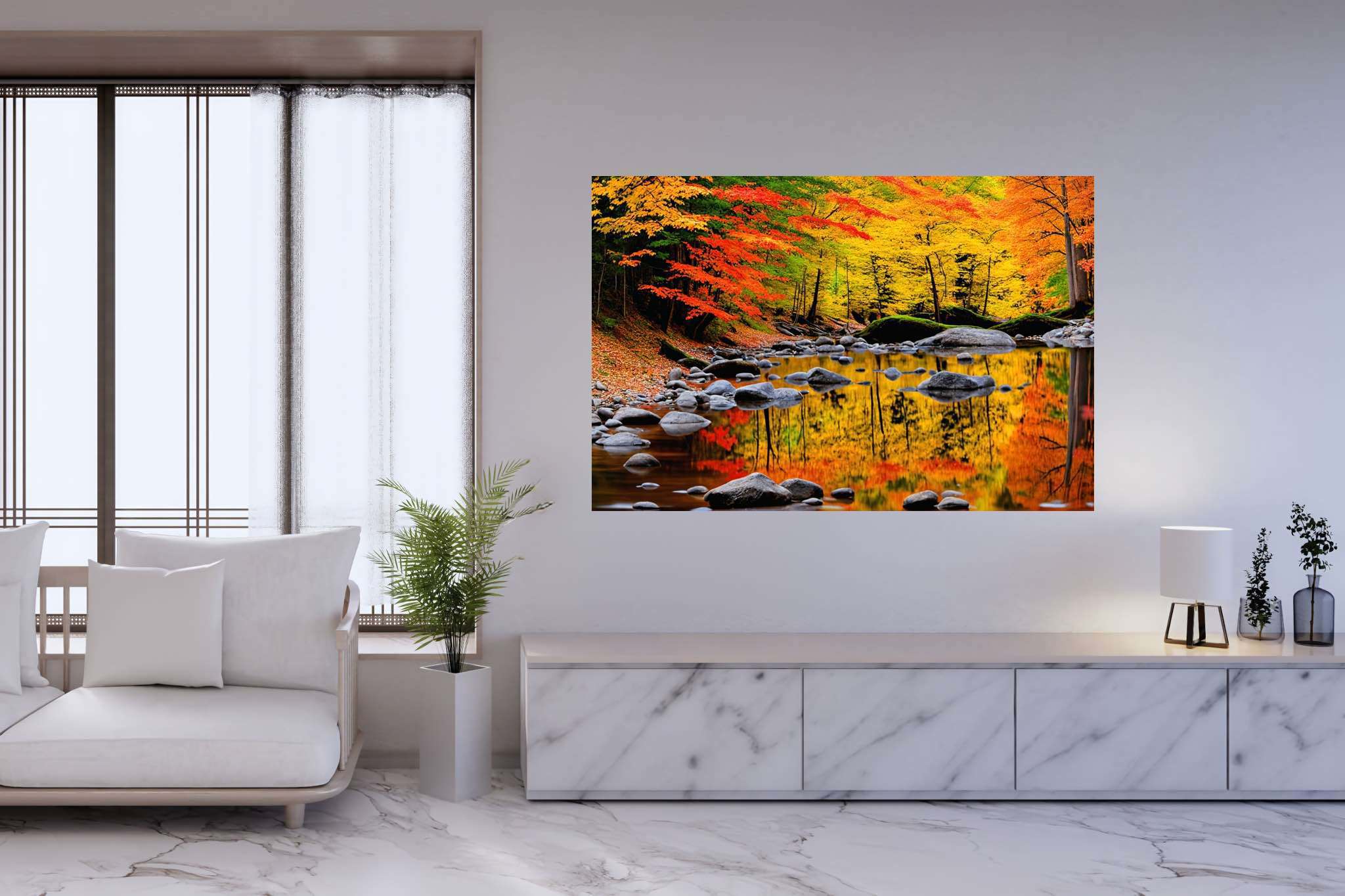 Autumn's hushed symphony: Autumn forest art with serene autumn scenes, in a room with urban design, bespoke art designs, and elegant home goods. The art can be printed on poster, framed poster, canvas, metal, acrylic or wood, exclusively at WallArtZen. Find this exact print at https://wallartzen.com/waz111
