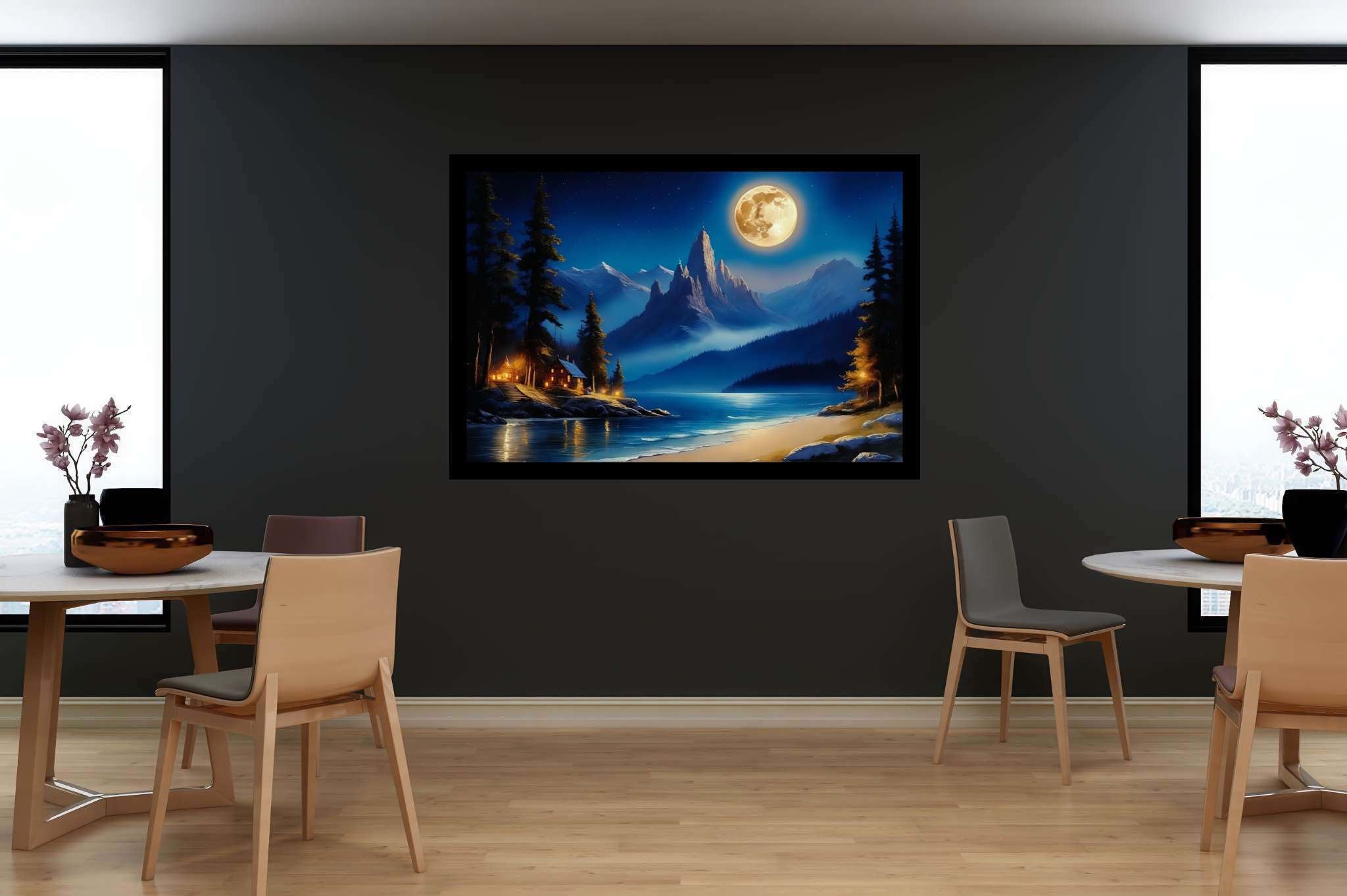 Lunar lullaby silhouettes: Moonlit landscape art with moonlit garden scene, in a room with elegant layout, photographic wall art, and home styling items. The art can be printed on poster, framed poster, canvas, metal, acrylic or wood, exclusively at WallArtZen. Find this exact print at https://wallartzen.com/waz112