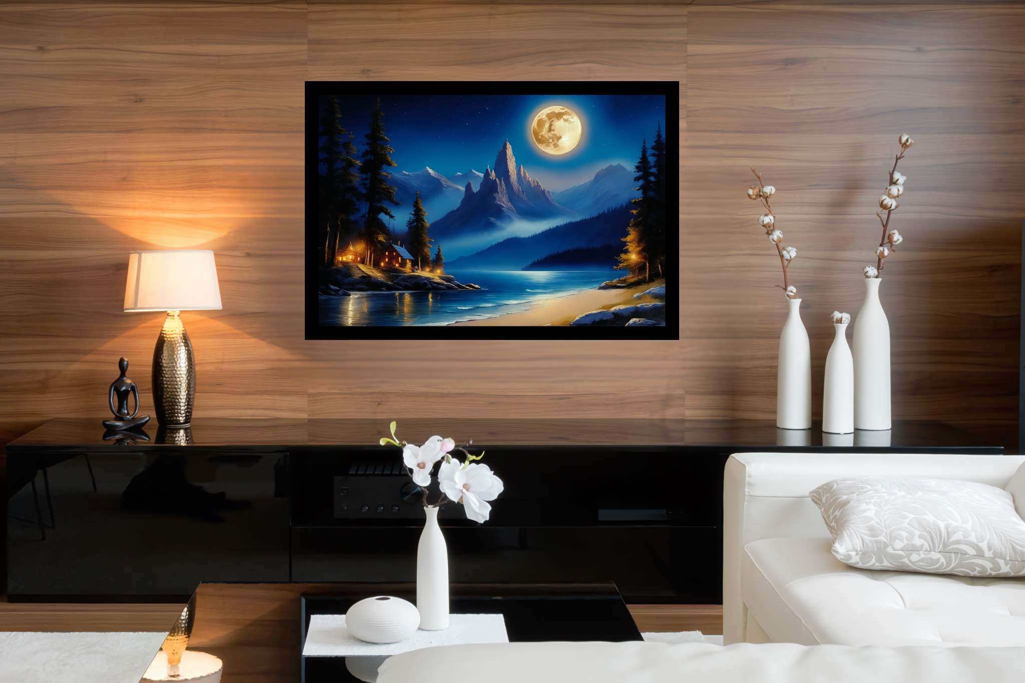 Lunar lullaby silhouettes: Moonlit landscape art with moonlit lake scenery, in a room with contemporary flair, canvas prints, and home furnishings. The art can be printed on poster, framed poster, canvas, metal, acrylic or wood, exclusively at WallArtZen. Find this exact print at https://wallartzen.com/waz112