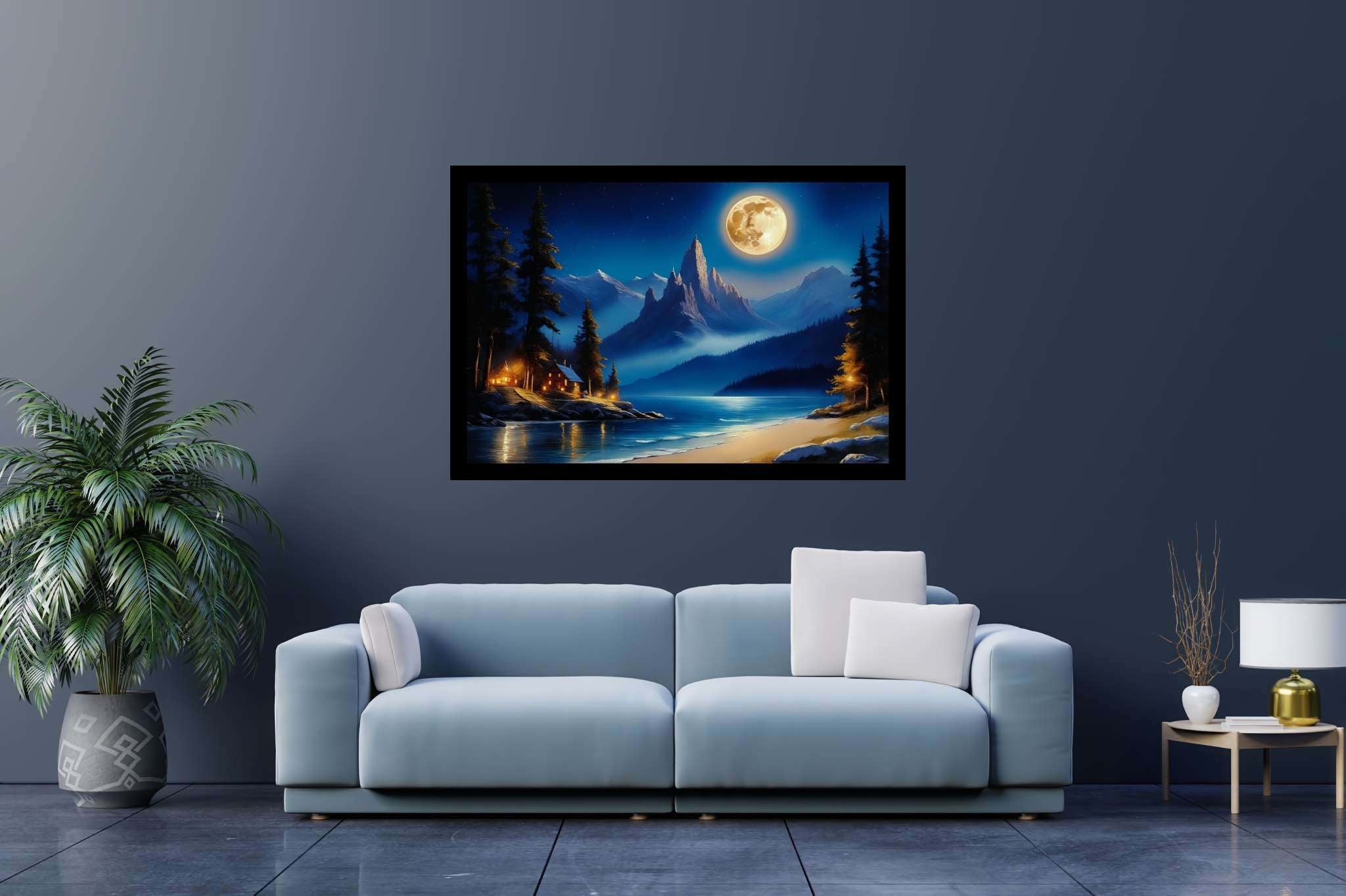 Lunar lullaby silhouettes: Moonlit landscape art with moonlit lake scenery, in a room with classic elegance, gallery-quality artwork, and home styling items. The art can be printed on poster, framed poster, canvas, metal, acrylic or wood, exclusively at WallArtZen. Find this exact print at https://wallartzen.com/waz112