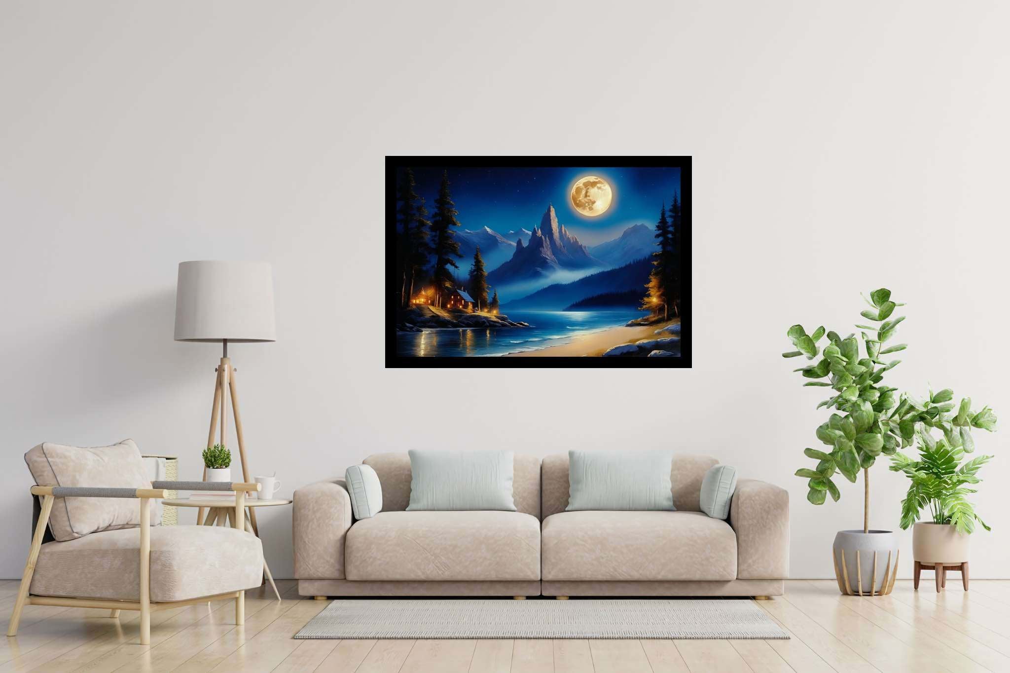 Lunar lullaby silhouettes: Moonlit landscape art with moonlit landscape prints, in a room with contemporary flair, wall hangings, and luxe decor. The art can be printed on poster, framed poster, canvas, metal, acrylic or wood, exclusively at WallArtZen. Find this exact print at https://wallartzen.com/waz112