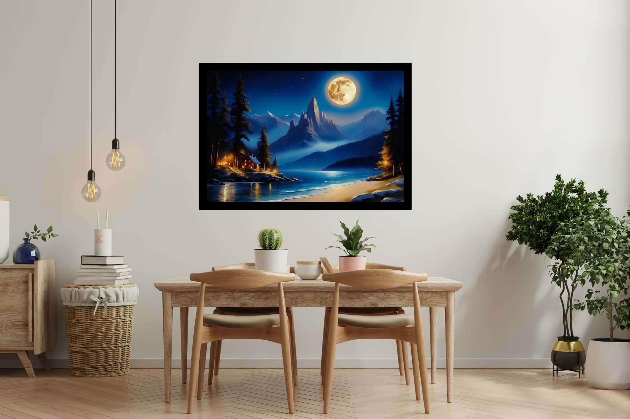 Lunar lullaby silhouettes: Moonlit landscape art with moonlit mountain landscape, in a room with urban design, digital art pieces, and interior decorations. The art can be printed on poster, framed poster, canvas, metal, acrylic or wood, exclusively at WallArtZen. Find this exact print at https://wallartzen.com/waz112