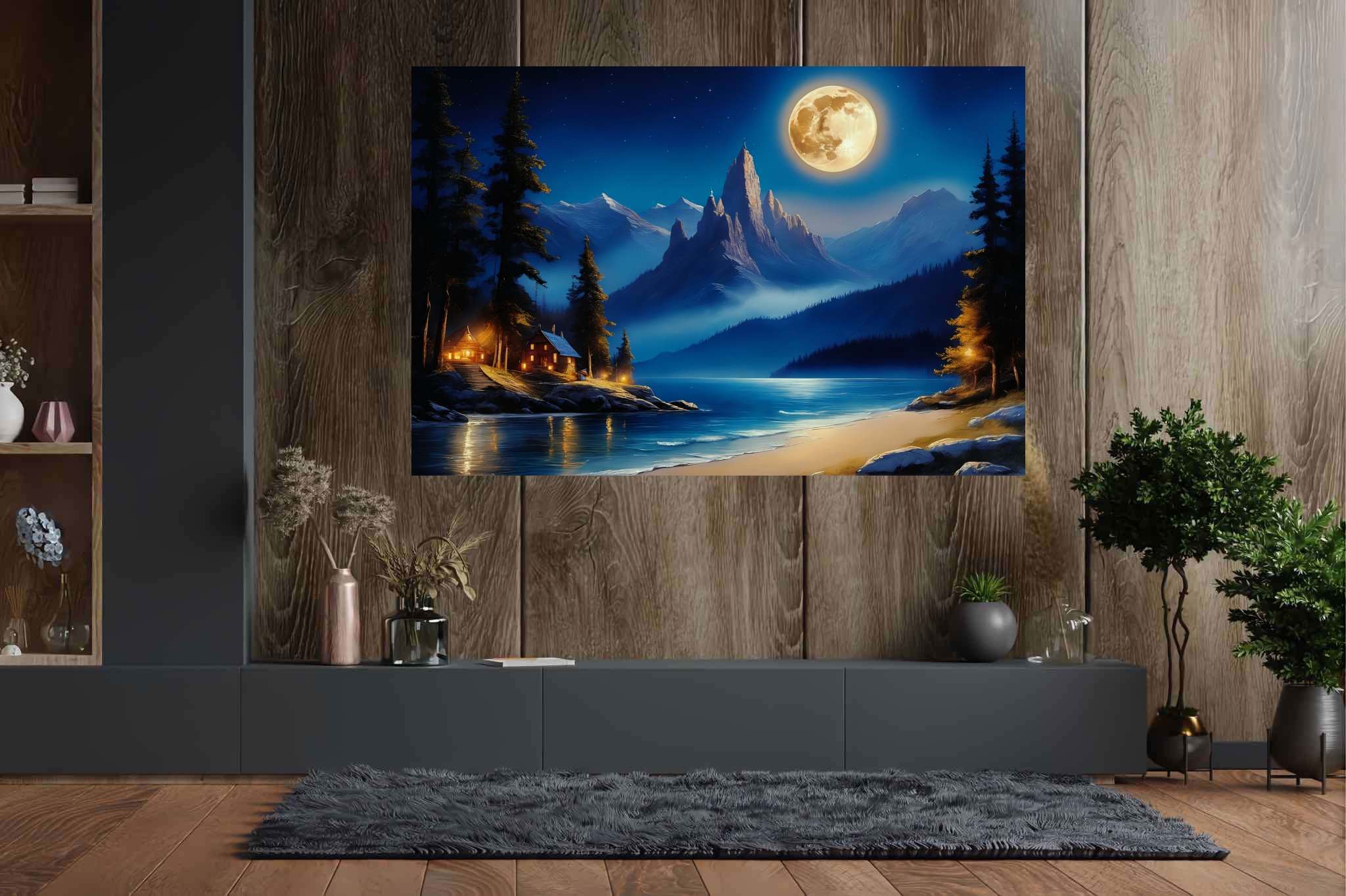 Lunar lullaby silhouettes: Moonlit landscape art with night scenery painting, in a room with contemporary flair, canvas prints, and interior decorations. The art can be printed on poster, framed poster, canvas, metal, acrylic or wood, exclusively at WallArtZen. Find this exact print at https://wallartzen.com/waz112