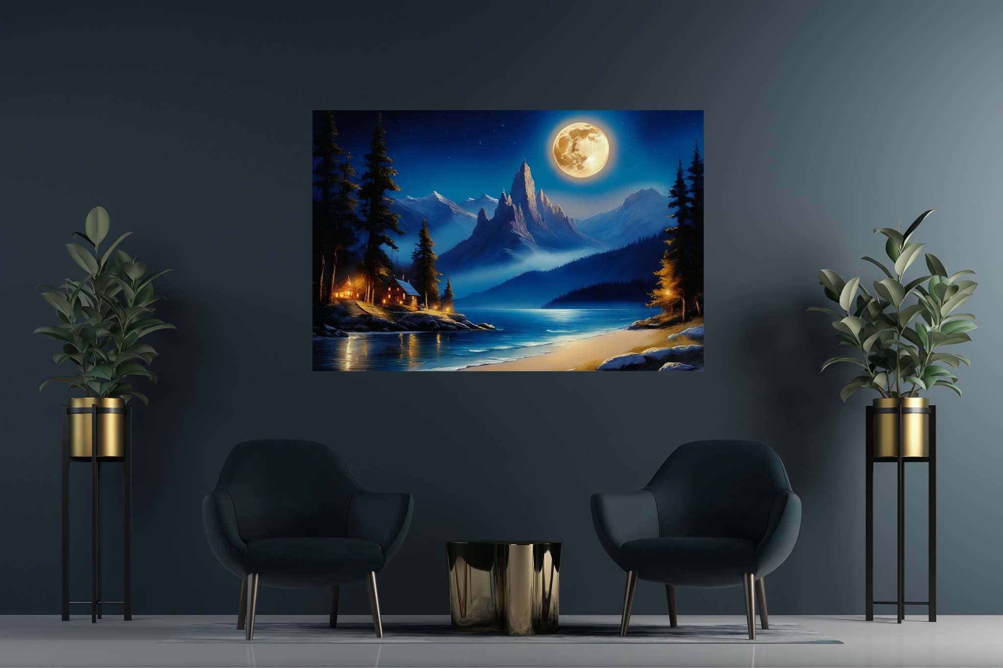 Lunar lullaby silhouettes: Moonlit landscape art with nocturnal nature artwork, in a room with artistic style, framed art, and artisan decor. The art can be printed on poster, framed poster, canvas, metal, acrylic or wood, exclusively at WallArtZen. Find this exact print at https://wallartzen.com/waz112