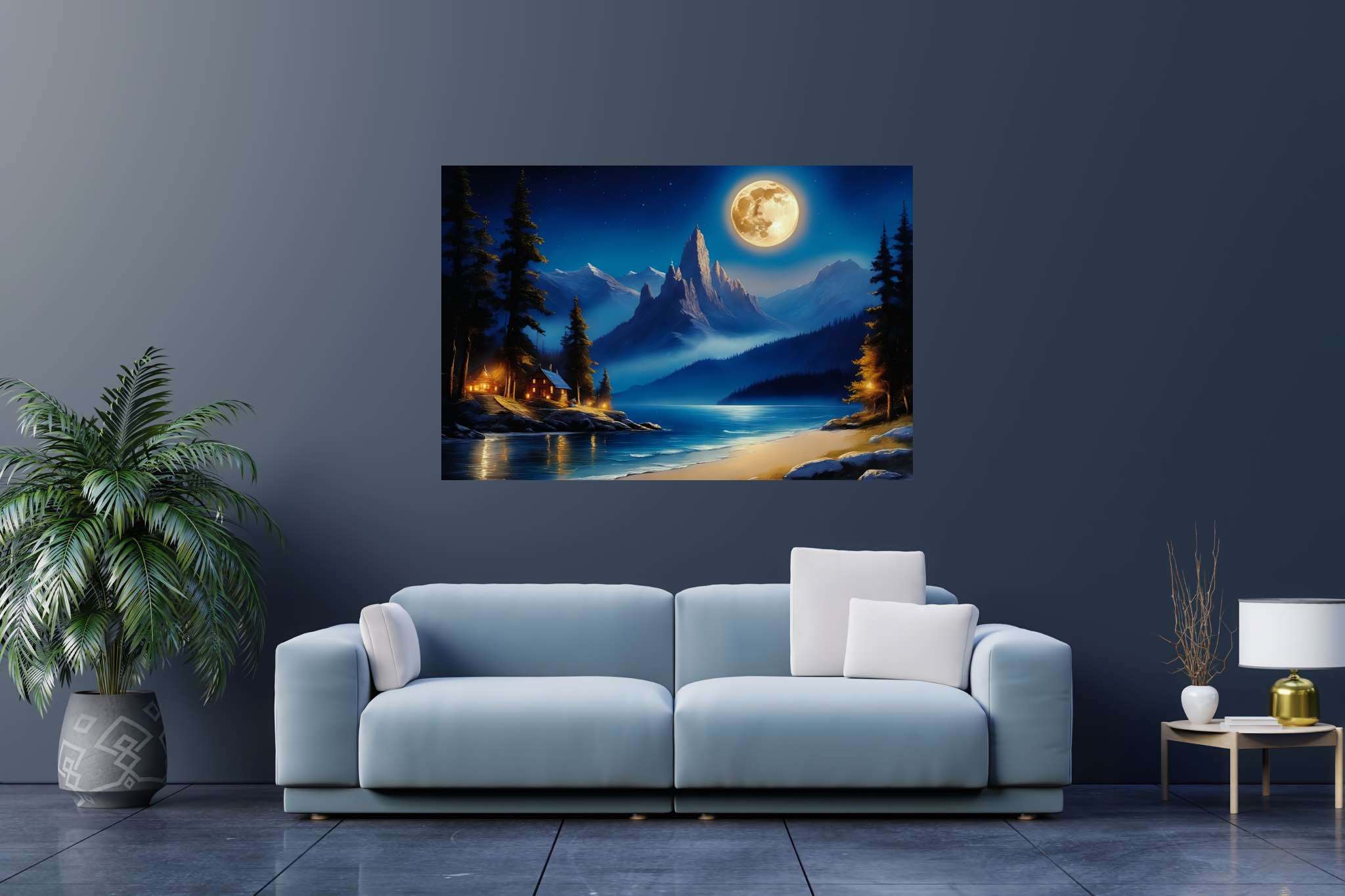 Lunar lullaby silhouettes: Moonlit landscape art with moonlit beach artwork, in a room with chic decor, gallery-quality artwork, and stylish accessories. The art can be printed on poster, framed poster, canvas, metal, acrylic or wood, exclusively at WallArtZen. Find this exact print at https://wallartzen.com/waz112