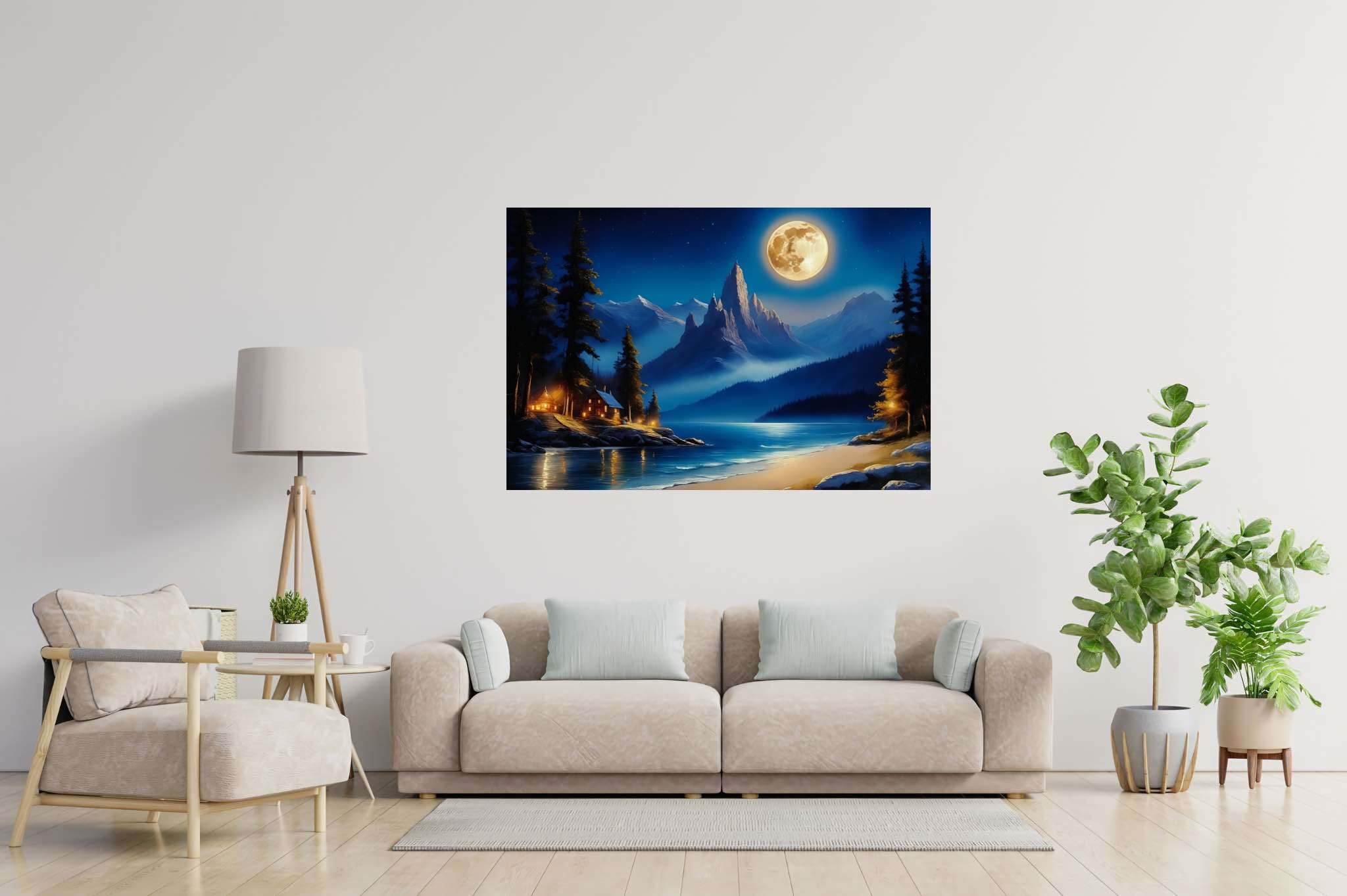 Lunar lullaby silhouettes: Moonlit landscape art with moonlit lake scenery, in a room with modern style, framed art, and artisan decor. The art can be printed on poster, framed poster, canvas, metal, acrylic or wood, exclusively at WallArtZen. Find this exact print at https://wallartzen.com/waz112