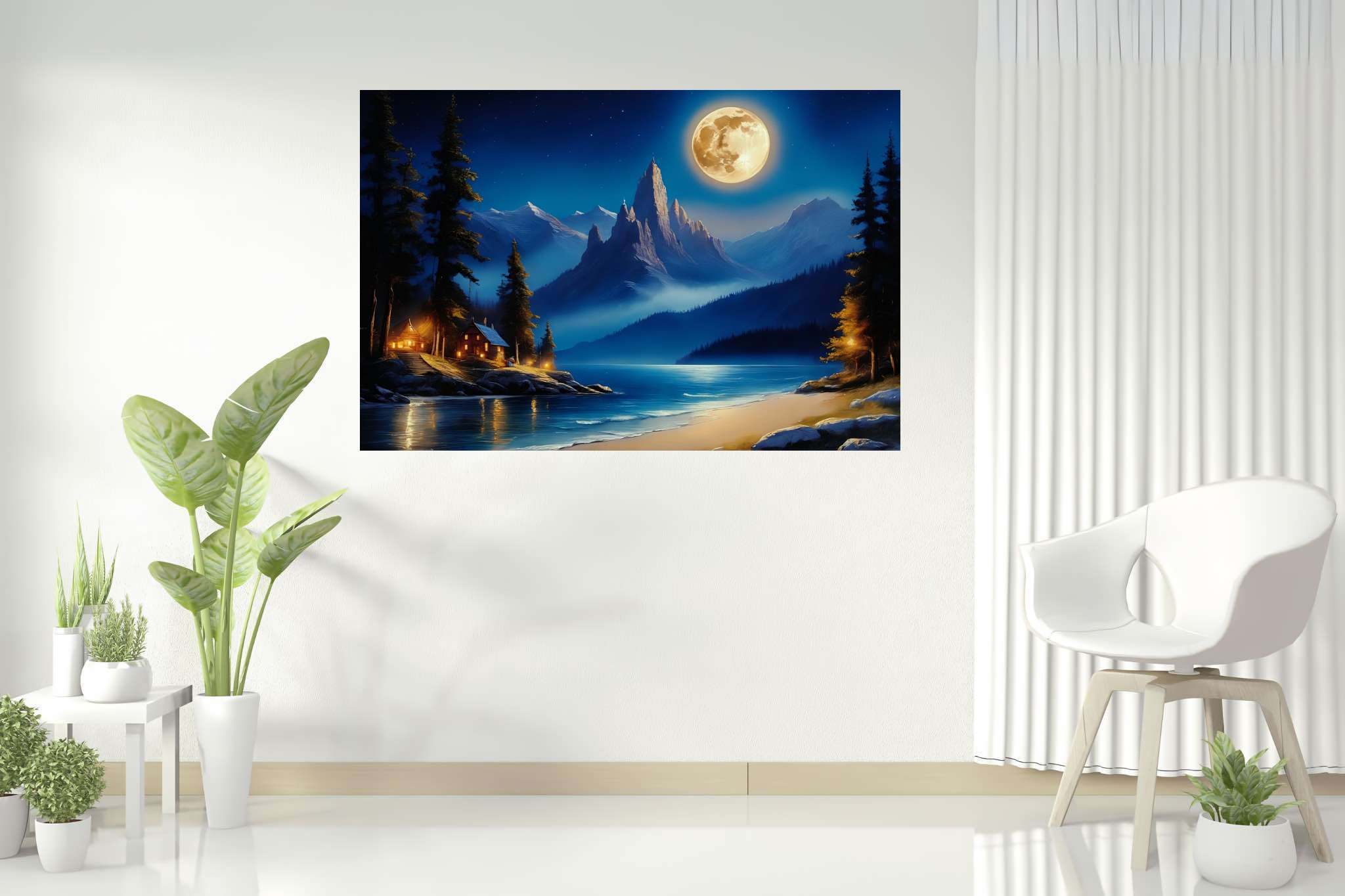 Lunar lullaby silhouettes: Moonlit landscape art with moonlit lake scenery, in a room with classic elegance, bespoke art designs, and luxe decor. The art can be printed on poster, framed poster, canvas, metal, acrylic or wood, exclusively at WallArtZen. Find this exact print at https://wallartzen.com/waz112