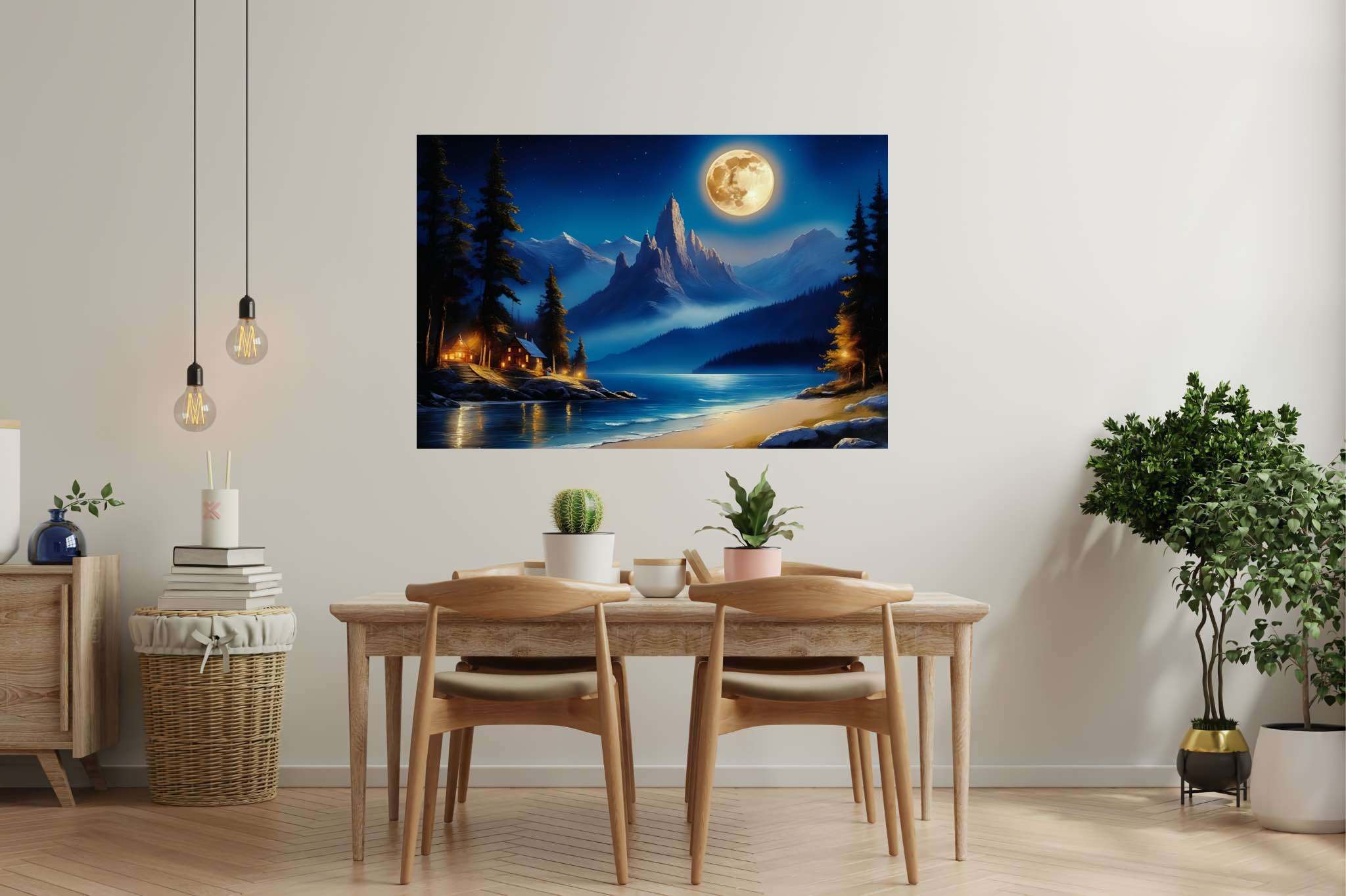 Lunar lullaby silhouettes: Moonlit landscape art with moonlit landscape wall decor, in a room with innovative layout, bespoke art designs, and stylish accessories. The art can be printed on poster, framed poster, canvas, metal, acrylic or wood, exclusively at WallArtZen. Find this exact print at https://wallartzen.com/waz112