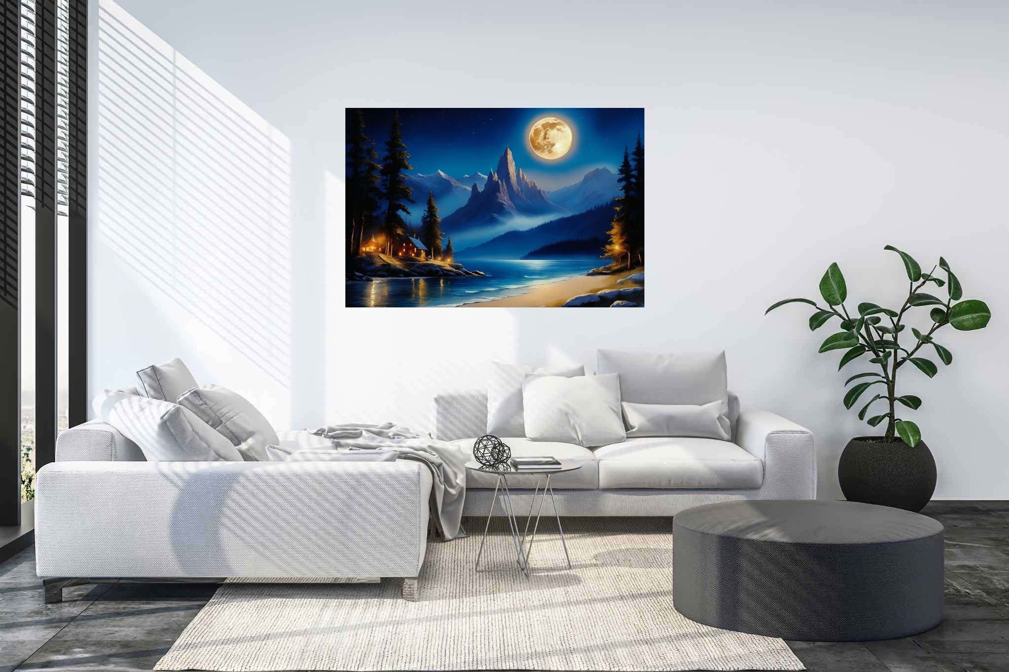 Lunar lullaby silhouettes: Moonlit landscape art with moonlit garden scene, in a room with innovative layout, framed art, and home furnishings. The art can be printed on poster, framed poster, canvas, metal, acrylic or wood, exclusively at WallArtZen. Find this exact print at https://wallartzen.com/waz112