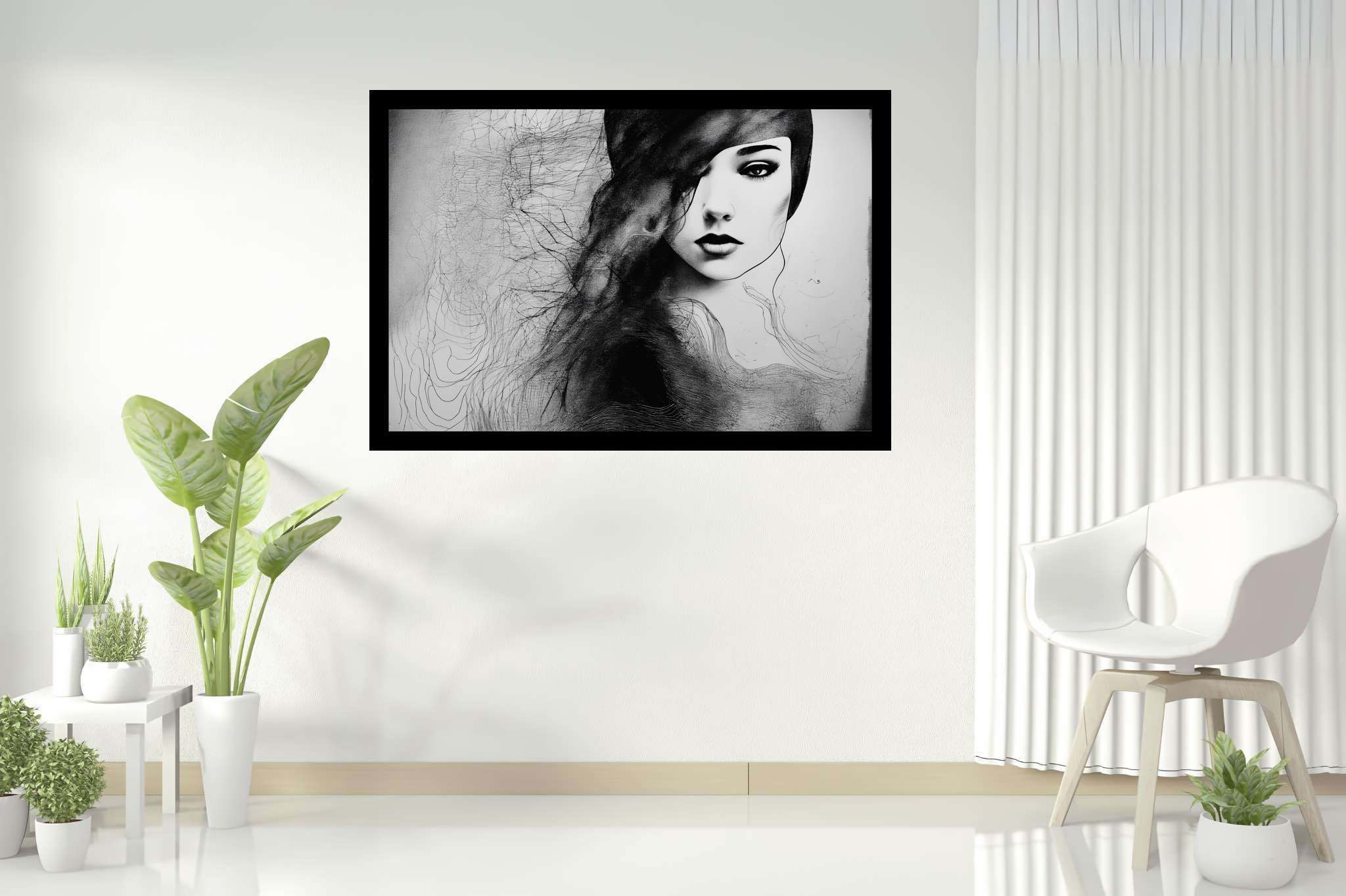 Veiled gaze unearthed: Mysterious woman art with cryptic female figures, in a room with elegant layout, photographic wall art, and home furnishings. The art can be printed on poster, framed poster, canvas, metal, acrylic or wood, exclusively at WallArtZen. Find this exact print at https://wallartzen.com/waz113
