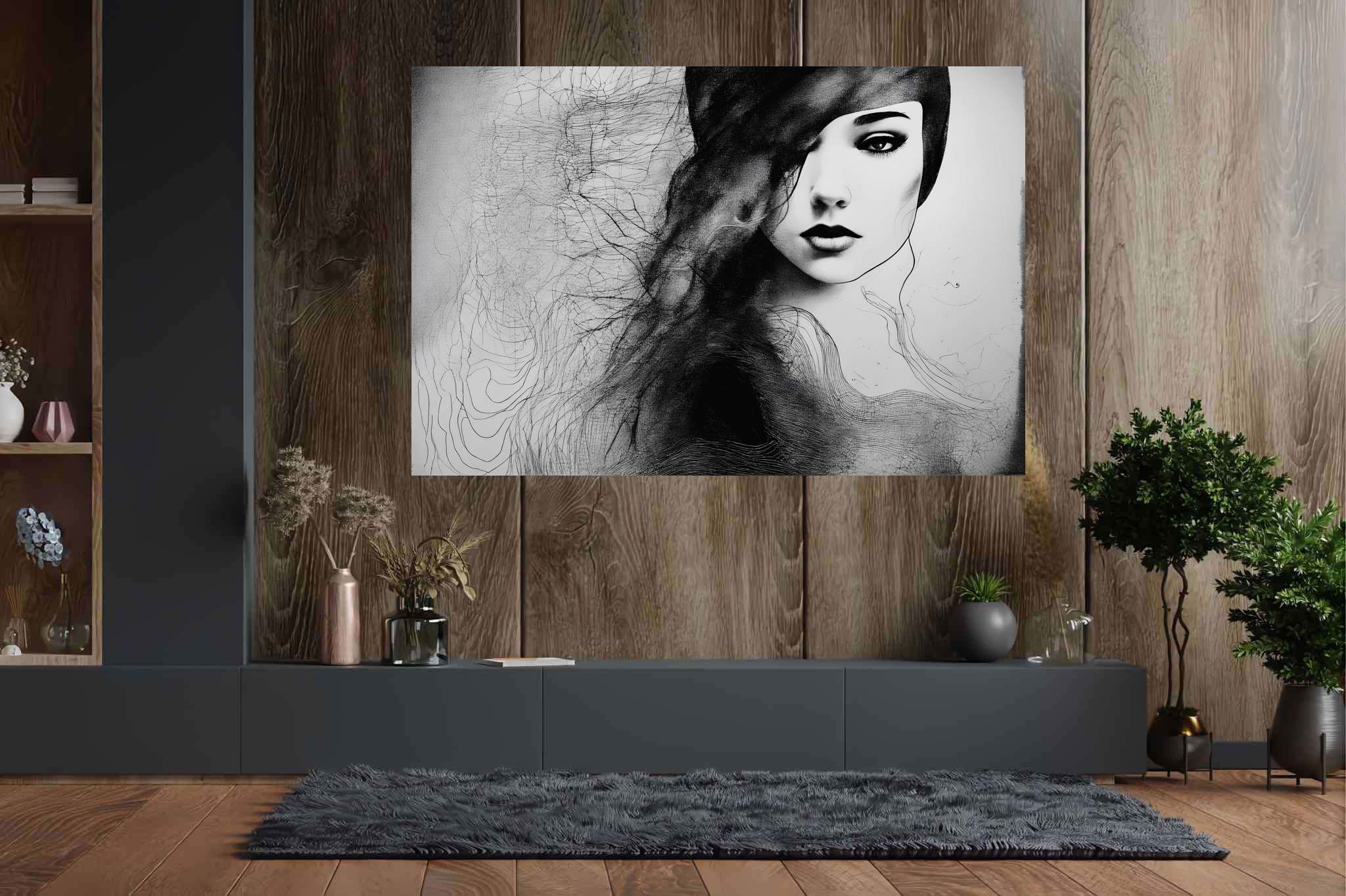 Veiled gaze unearthed: Mysterious woman art with uncertain woman depictions, in a room with elegant layout, fine art prints, and trendy home accents. The art can be printed on poster, framed poster, canvas, metal, acrylic or wood, exclusively at WallArtZen. Find this exact print at https://wallartzen.com/waz113