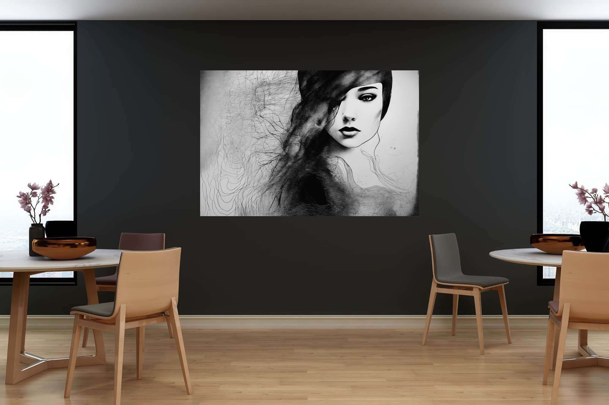 Veiled gaze unearthed: Mysterious woman art with enigmatic woman sculptures, in a room with chic decor, wall art, and luxe decor. The art can be printed on poster, framed poster, canvas, metal, acrylic or wood, exclusively at WallArtZen. Find this exact print at https://wallartzen.com/waz113