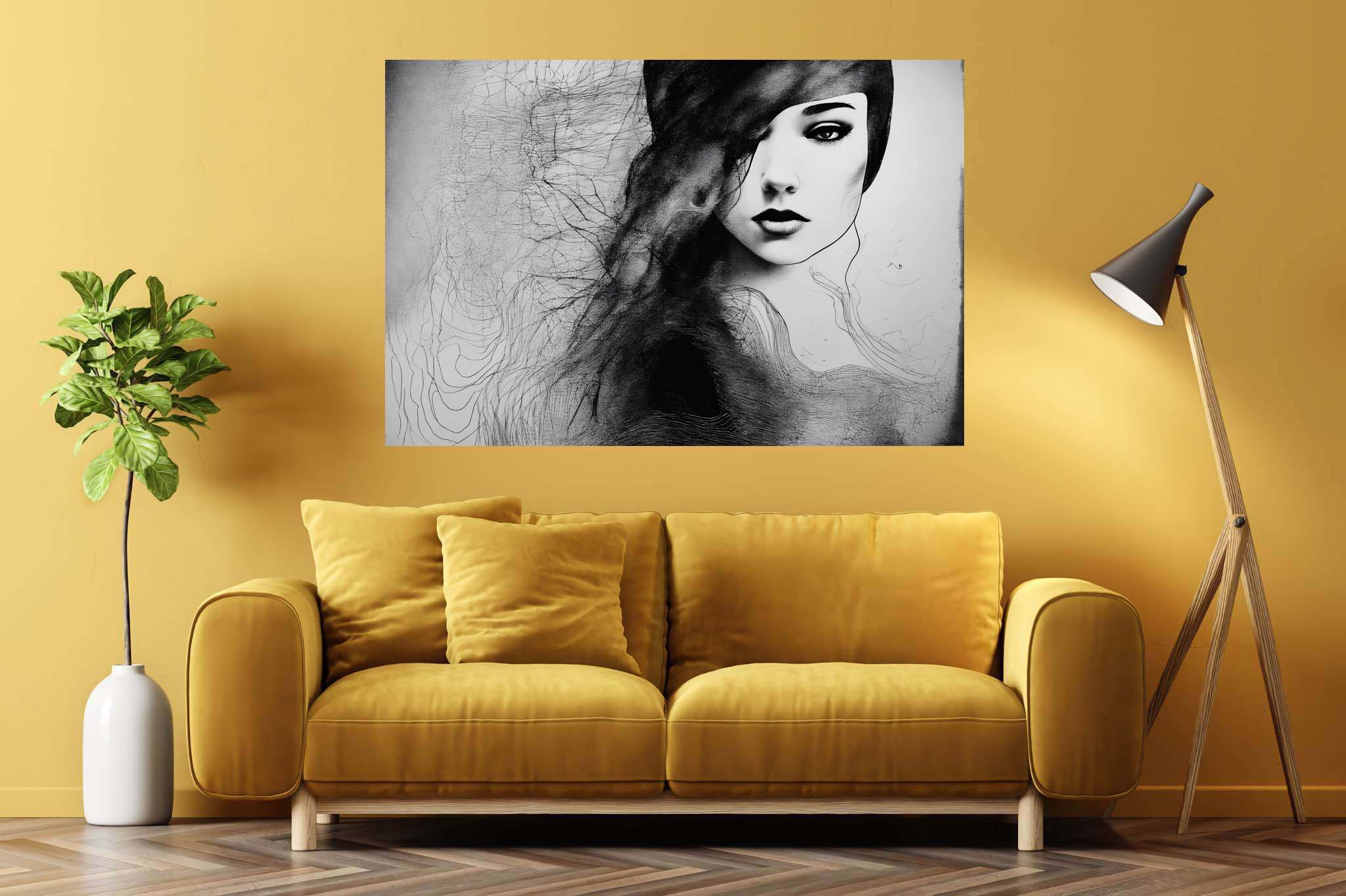 Veiled gaze unearthed: Mysterious woman art with enigmatic woman portraits, in a room with elegant layout, photographic wall art, and decorative pieces. The art can be printed on poster, framed poster, canvas, metal, acrylic or wood, exclusively at WallArtZen. Find this exact print at https://wallartzen.com/waz113