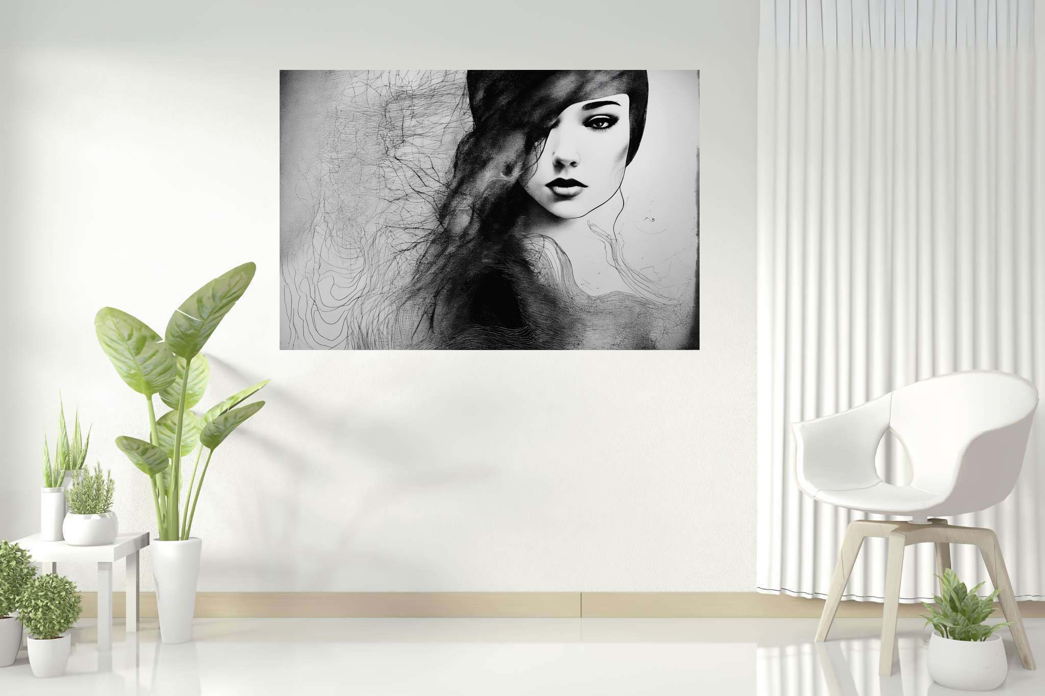 Veiled gaze unearthed: Mysterious woman art with uncertain woman depictions, in a room with elegant layout, gallery-quality artwork, and designer furniture. The art can be printed on poster, framed poster, canvas, metal, acrylic or wood, exclusively at WallArtZen. Find this exact print at https://wallartzen.com/waz113