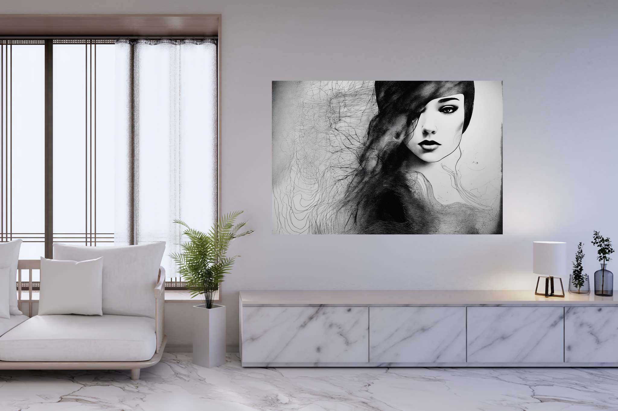 Veiled gaze unearthed: Mysterious woman art with mysterious woman symbolism, in a room with minimalist approach, canvas prints, and luxe decor. The art can be printed on poster, framed poster, canvas, metal, acrylic or wood, exclusively at WallArtZen. Find this exact print at https://wallartzen.com/waz113