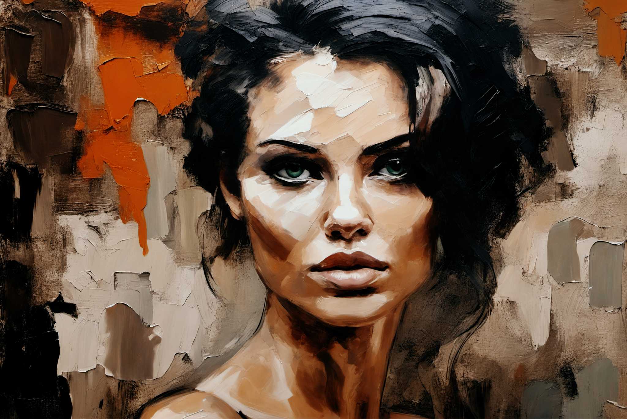 Emerald serenity gaze: Expressive portrait art with intense art, in a room with classic elegance, mural artworks, and designer furniture. The art can be printed on poster, framed poster, canvas, metal, acrylic or wood, exclusively at WallArtZen. Find this exact print at https://wallartzen.com/waz115