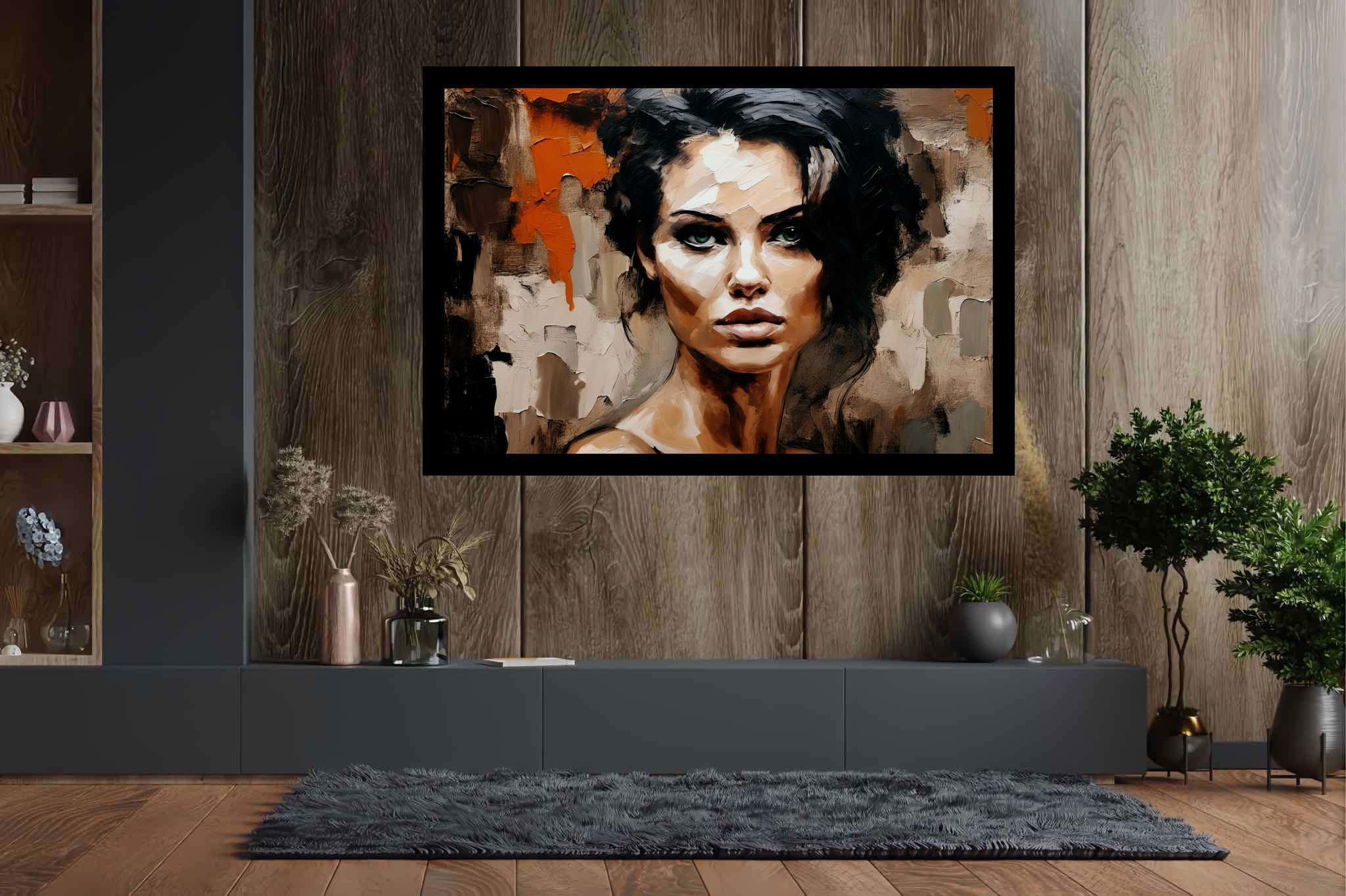 Emerald serenity gaze: Expressive portrait art with artistic intensity, in a room with great design, mural artworks, and decorative pieces. The art can be printed on poster, framed poster, canvas, metal, acrylic or wood, exclusively at WallArtZen. Find this exact print at https://wallartzen.com/waz115