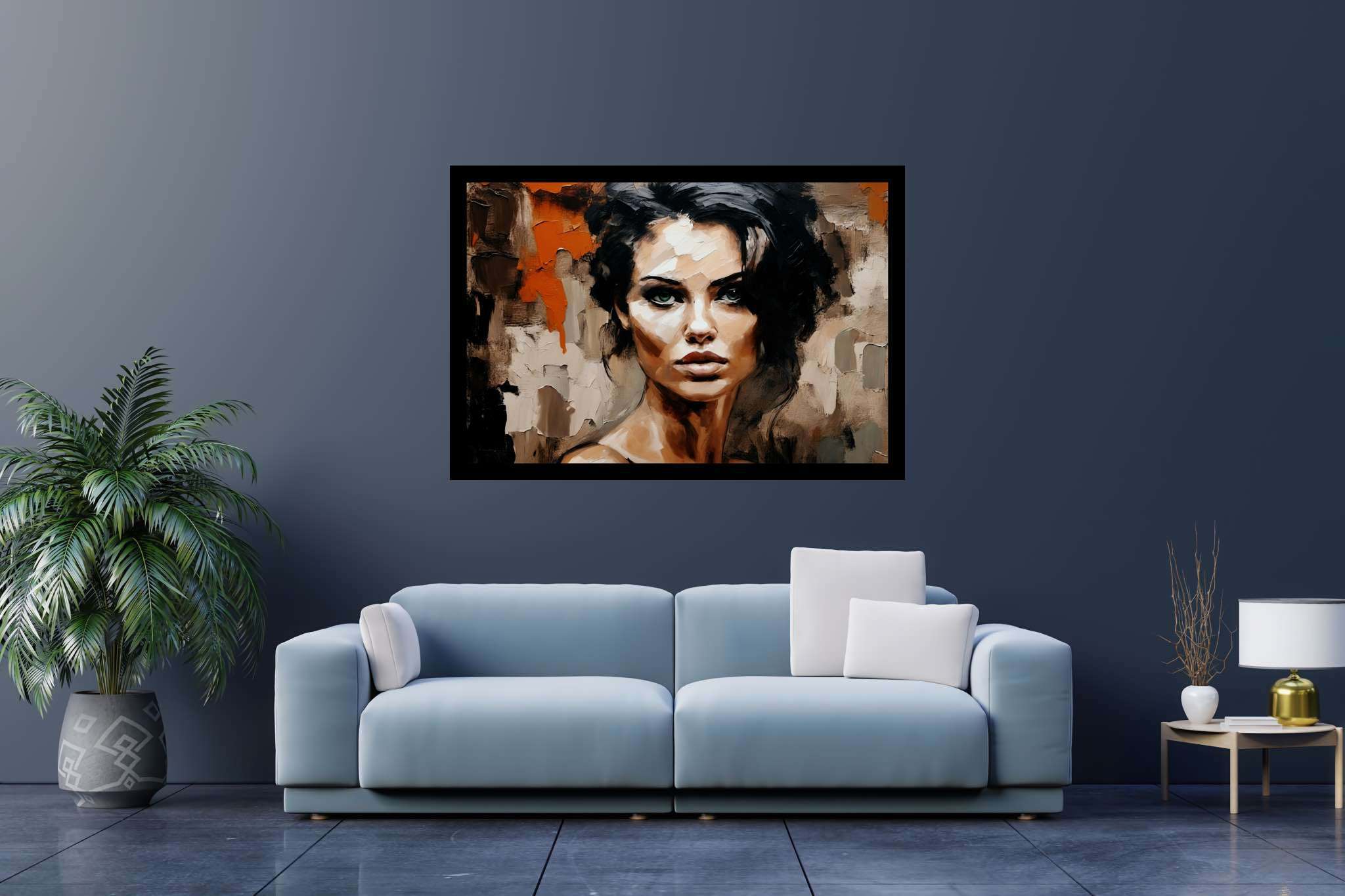 Emerald serenity gaze: Expressive portrait art with artistic intensity, in a room with innovative layout, bespoke art designs, and home furnishings. The art can be printed on poster, framed poster, canvas, metal, acrylic or wood, exclusively at WallArtZen. Find this exact print at https://wallartzen.com/waz115