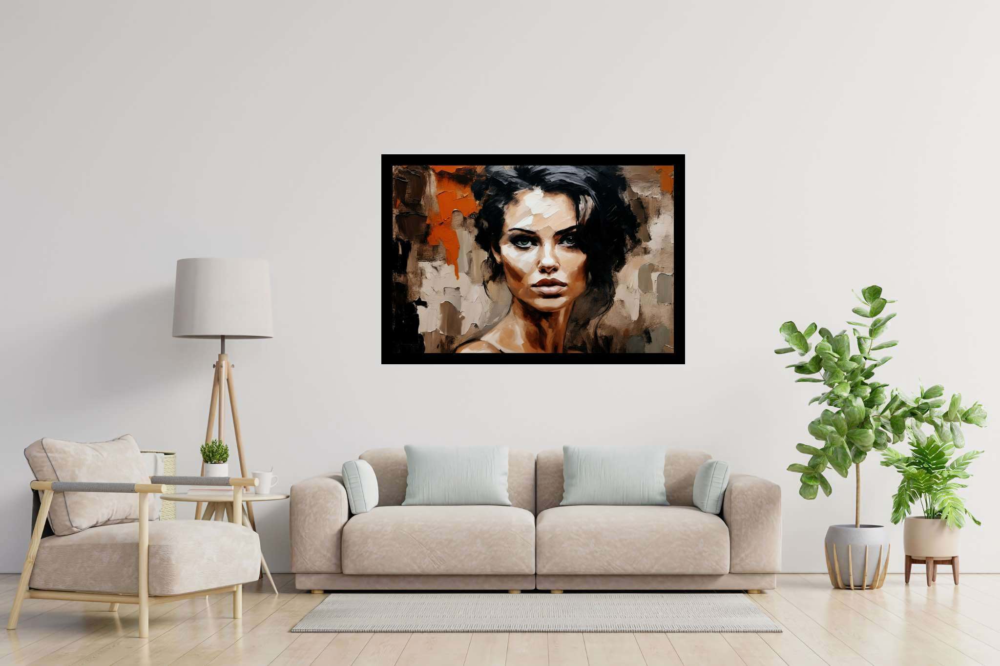 Emerald serenity gaze: Expressive portrait art with intense art, in a room with great design, gallery-quality artwork, and decorative pieces. The art can be printed on poster, framed poster, canvas, metal, acrylic or wood, exclusively at WallArtZen. Find this exact print at https://wallartzen.com/waz115